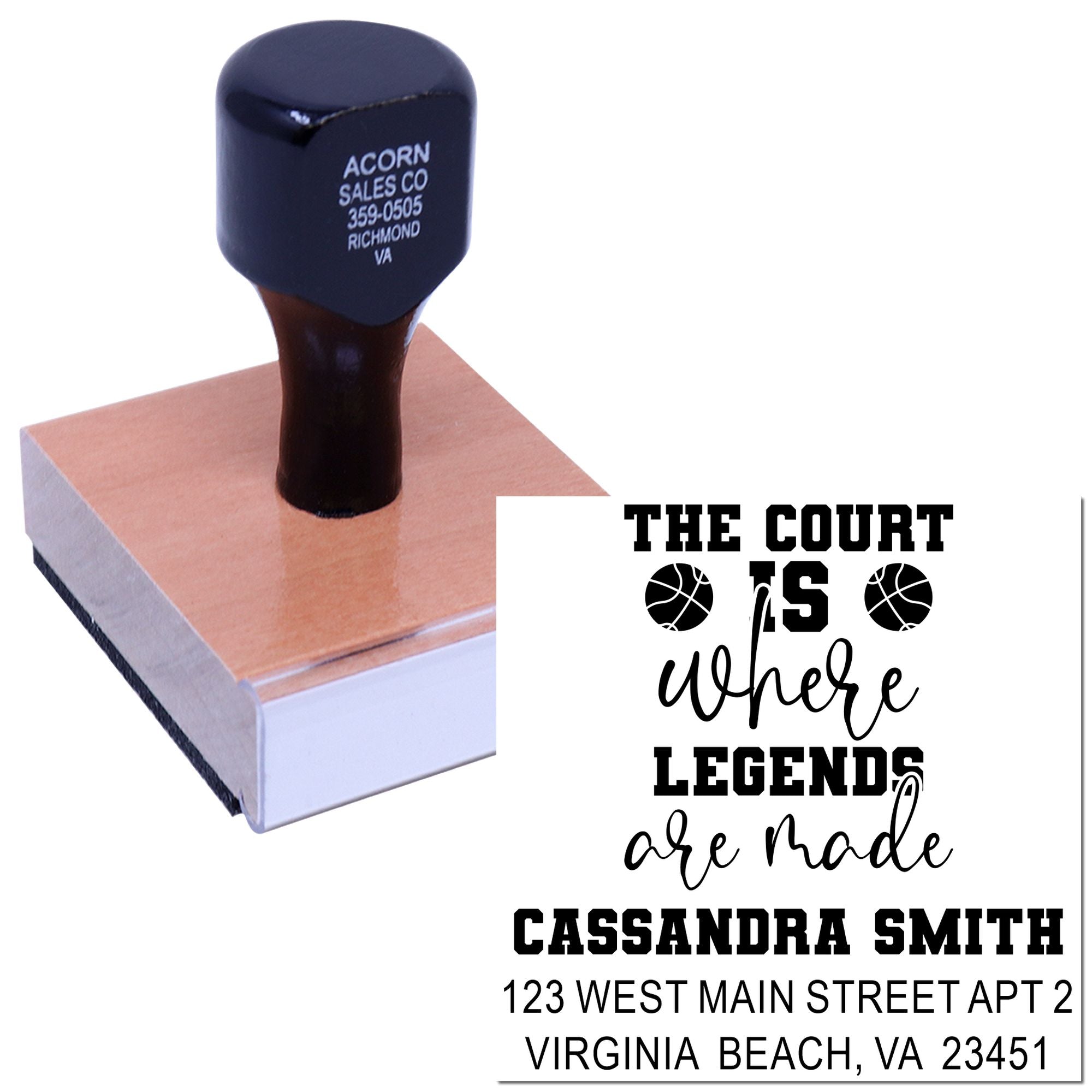 Custom basketball-themed rubber stamp with name and address imprint for personalized stationery and mailings.