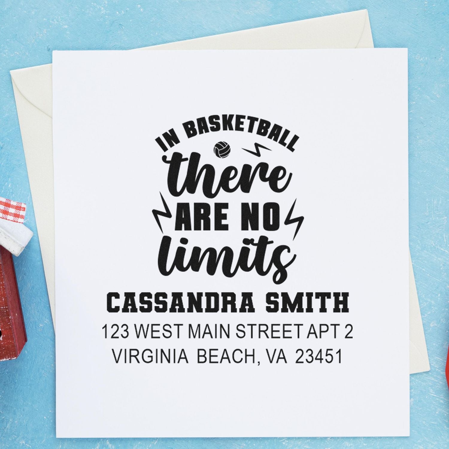 Custom basketball rubber stamp with motivational quote and personalized return address for Cassandra Smith in Virginia Beach.