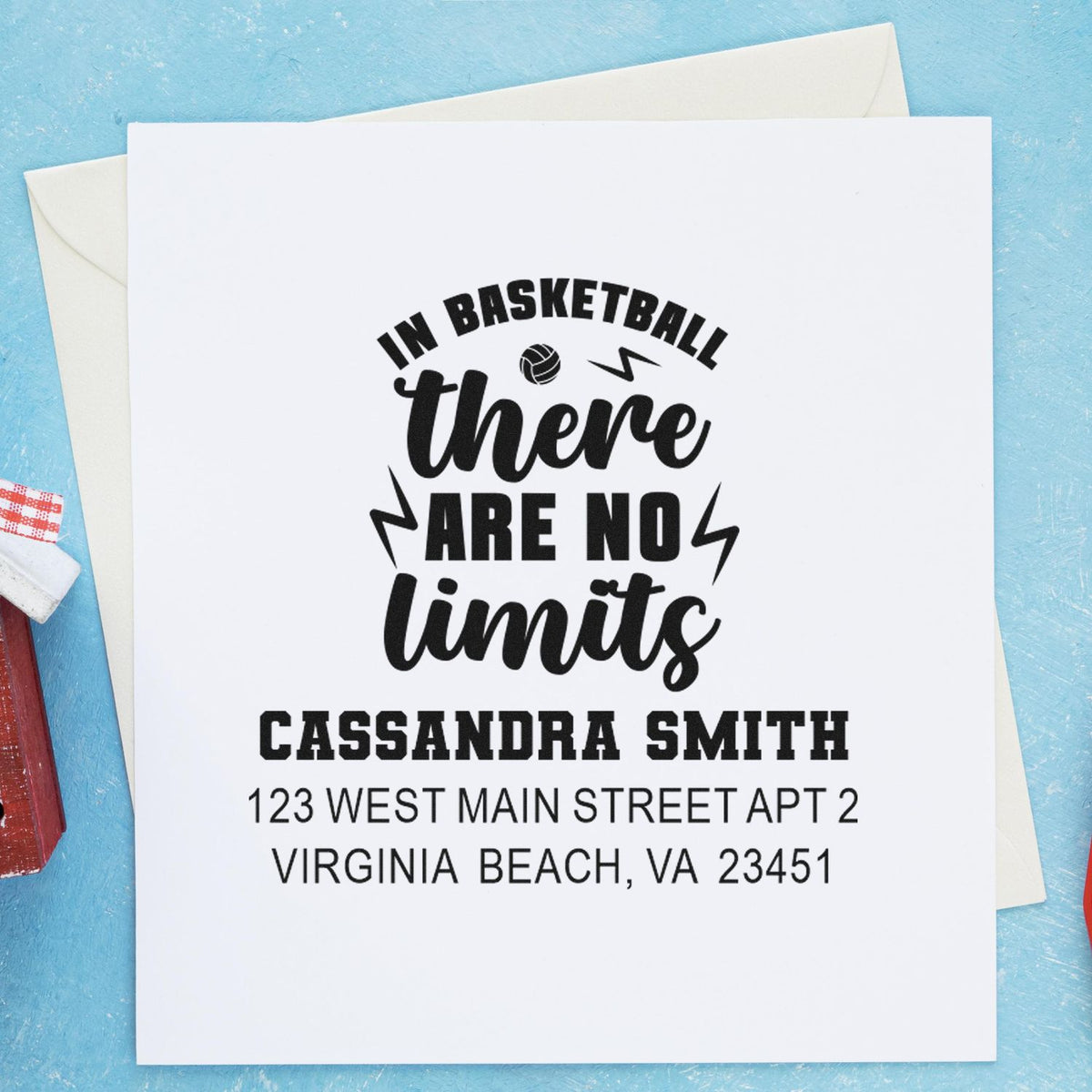 Personalized basketball return address rubber stamp with In basketball there are no limits for custom mailing envelopes.