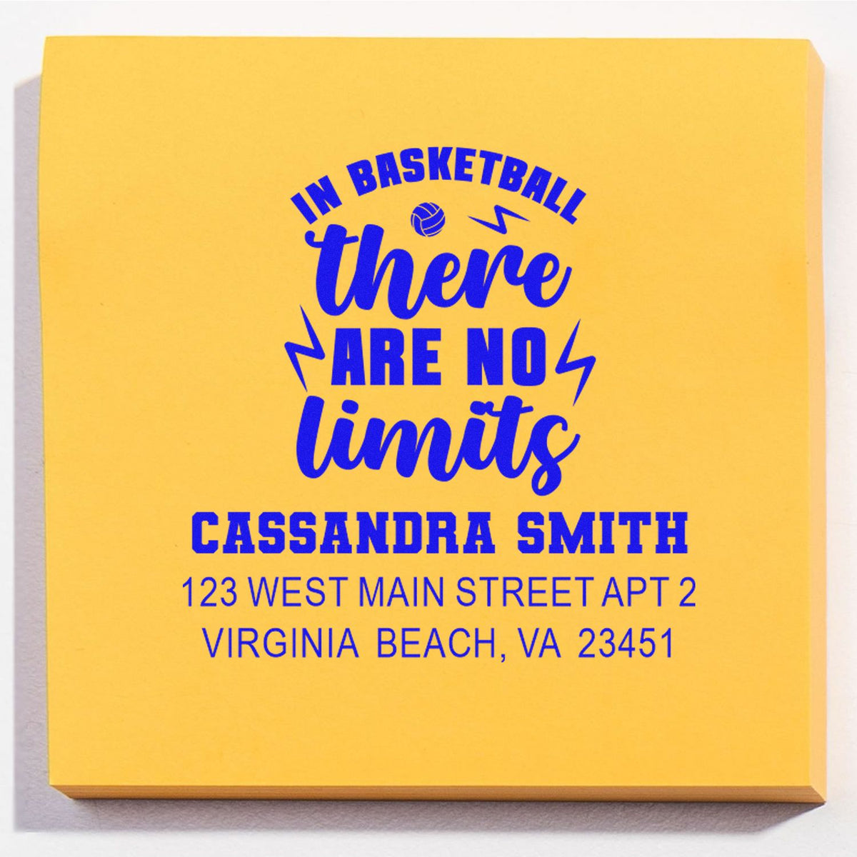 Personalized basketball return address rubber stamp with inspirational quote, custom name, and address.