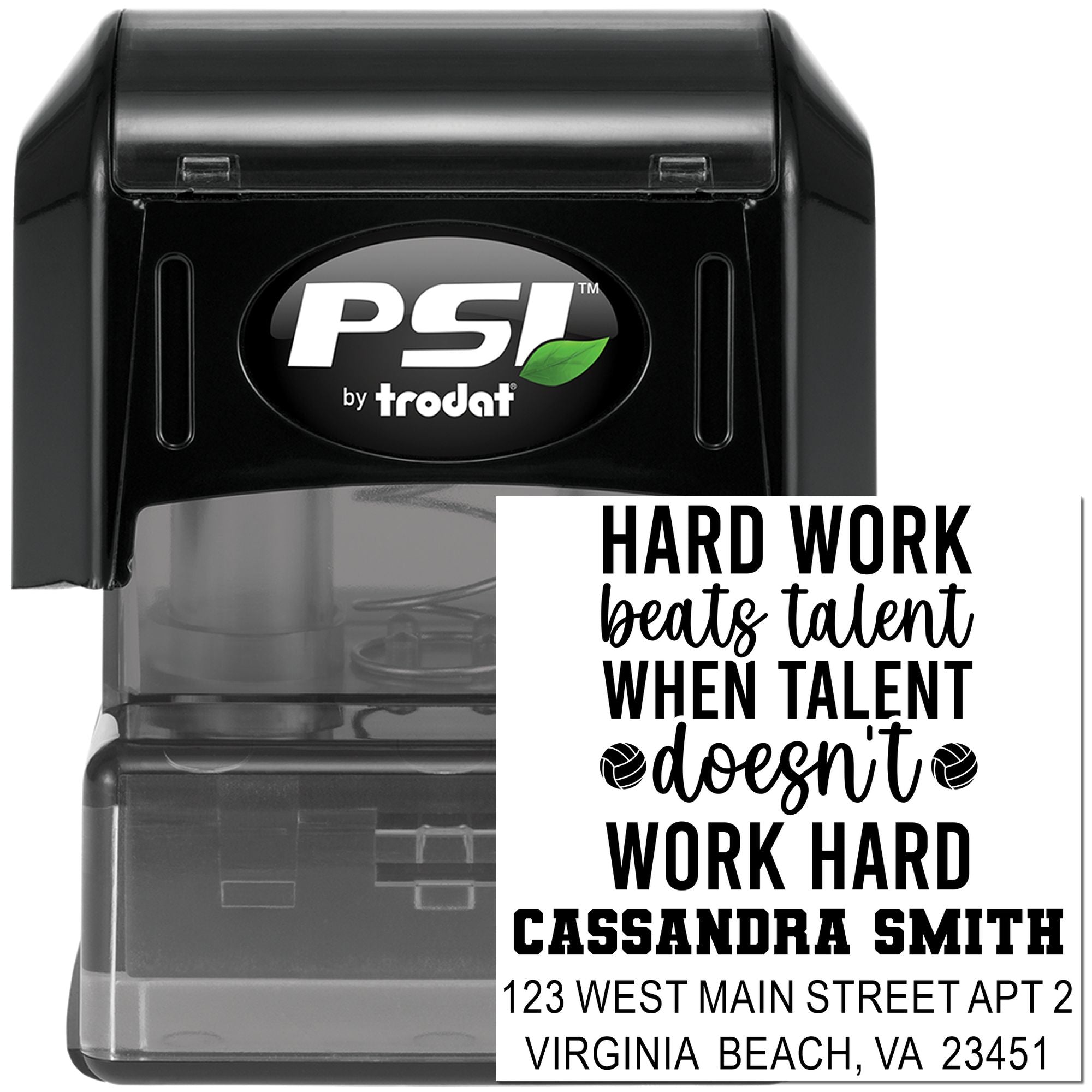 Custom self-inking rubber stamp with motivational quote and return address, PSI by Trodat.