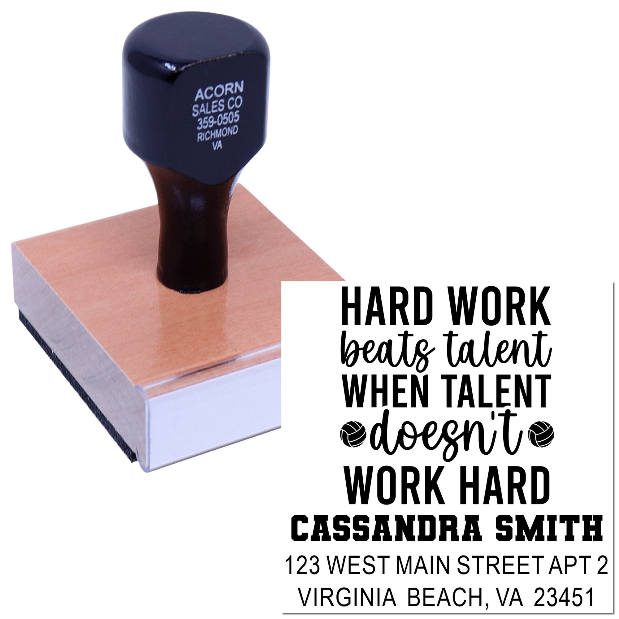 Personalized rubber stamp with motivational quote and return address for business, teacher, or stationery use.
