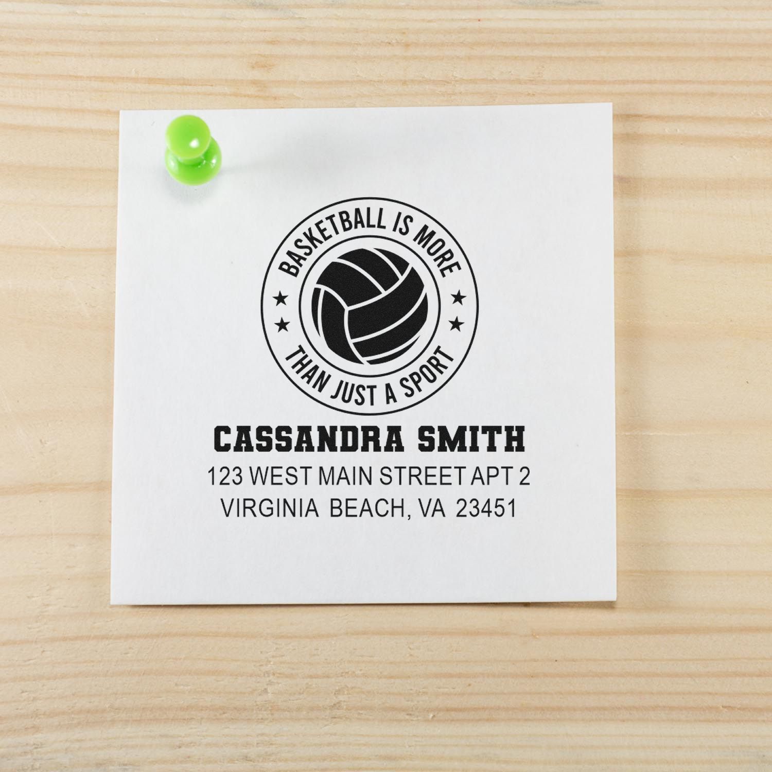 Custom basketball address stamp with personalized name and address, featuring Basketball Is More Than Just a Sport design.