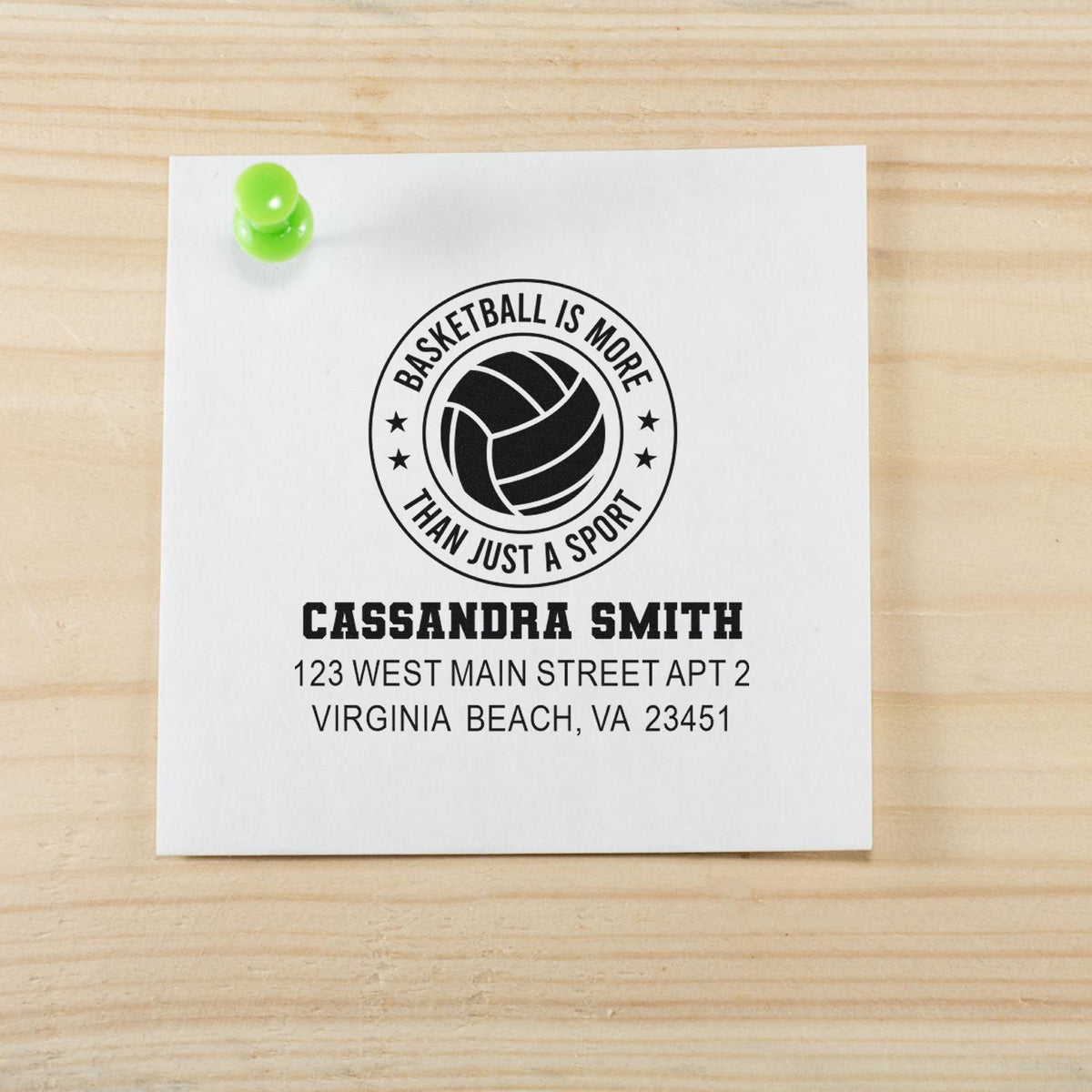Personalized basketball address stamp with custom name and mailing details for sporty mail, invitations, or packaging.