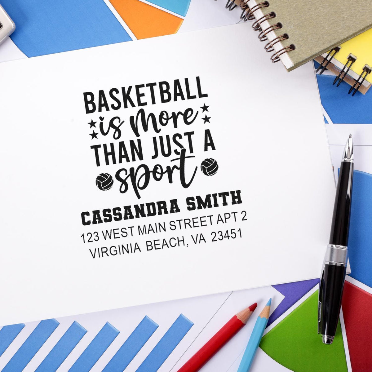 Custom basketball address rubber stamp with personalized name and return address for sports-themed mailing.