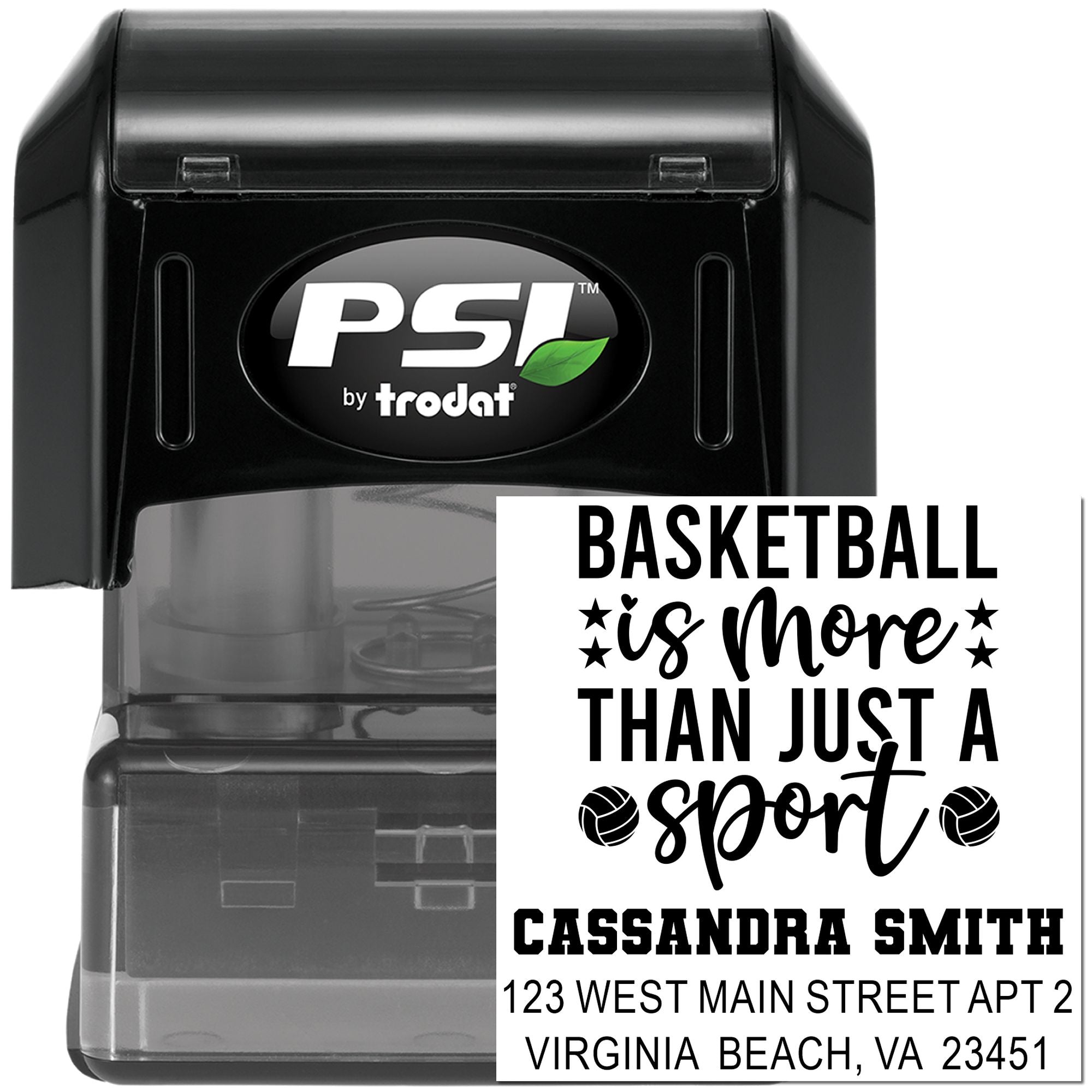 Basketball Is More Than Just a Sport custom self-inking rubber stamp with name and address for sports-themed mailings.
