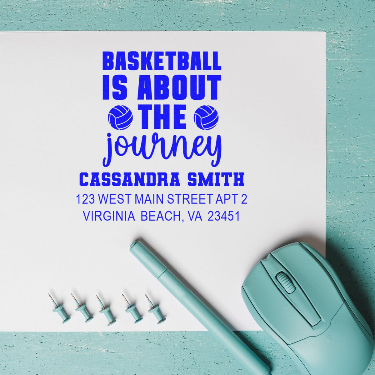 Custom basketball rubber stamp with personalized name and address, reading Basketball Is About the Journey.