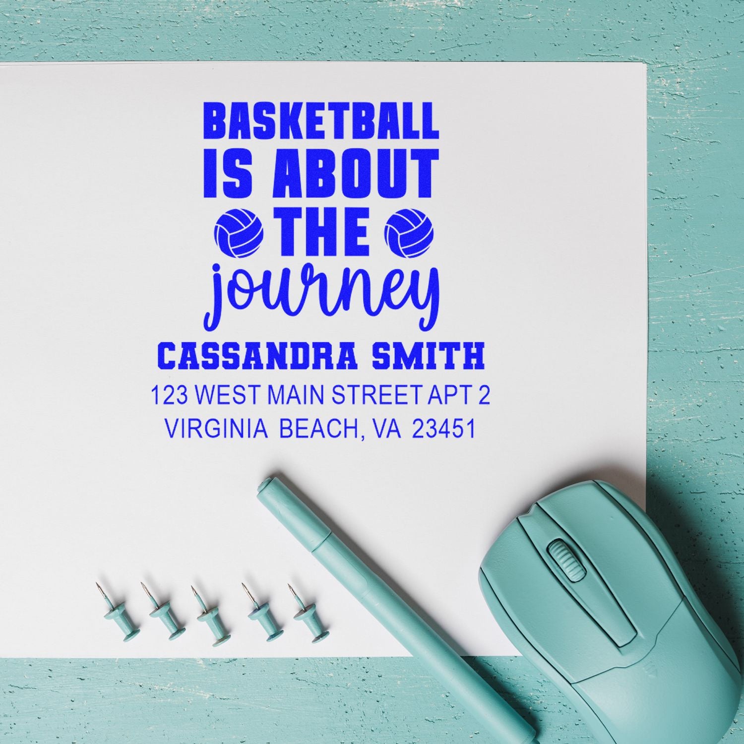 Personalized basketball return address rubber stamp with Basketball is about the journey and Virginia Beach address.