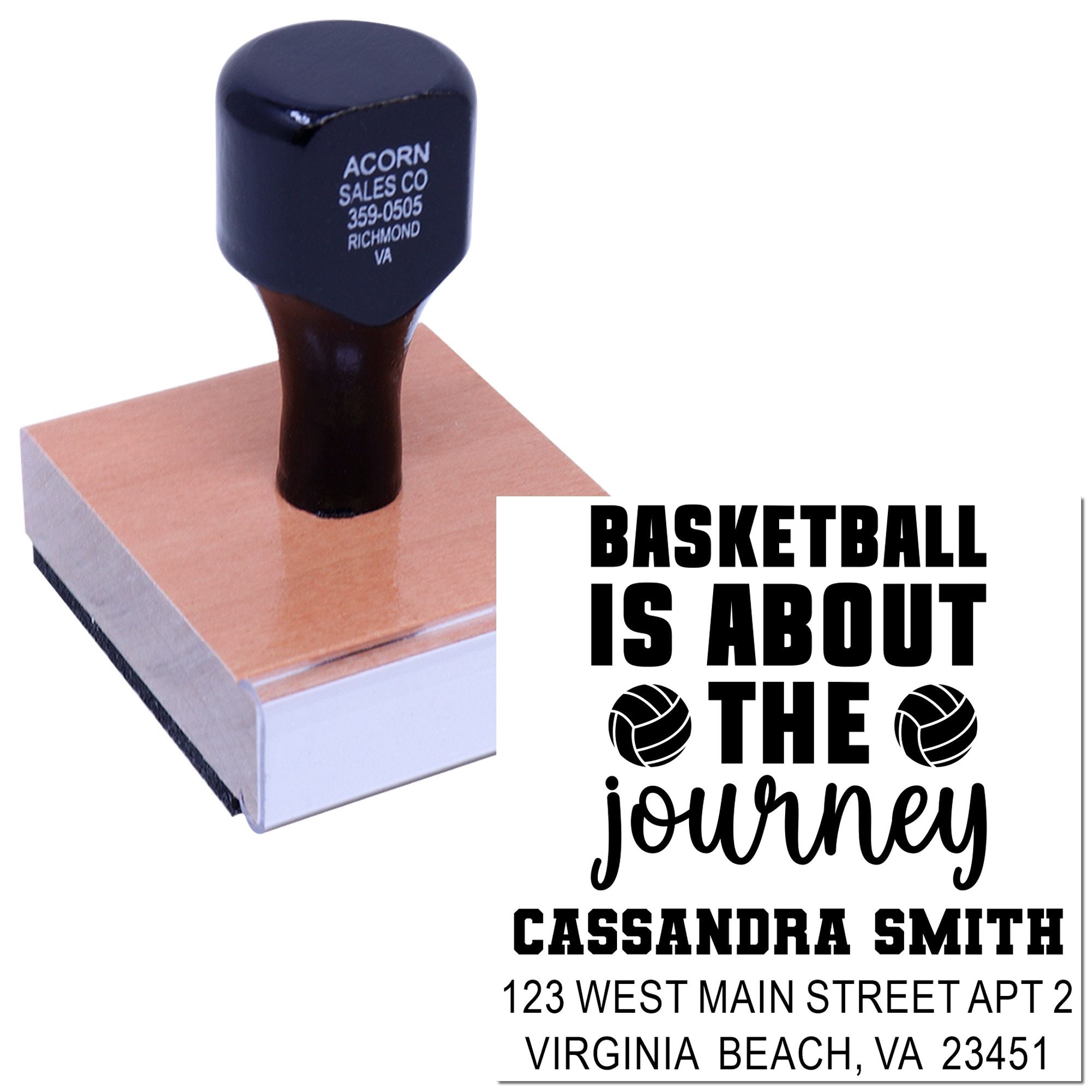 Custom basketball rubber stamp with return address and Basketball Is About the Journey quote design.