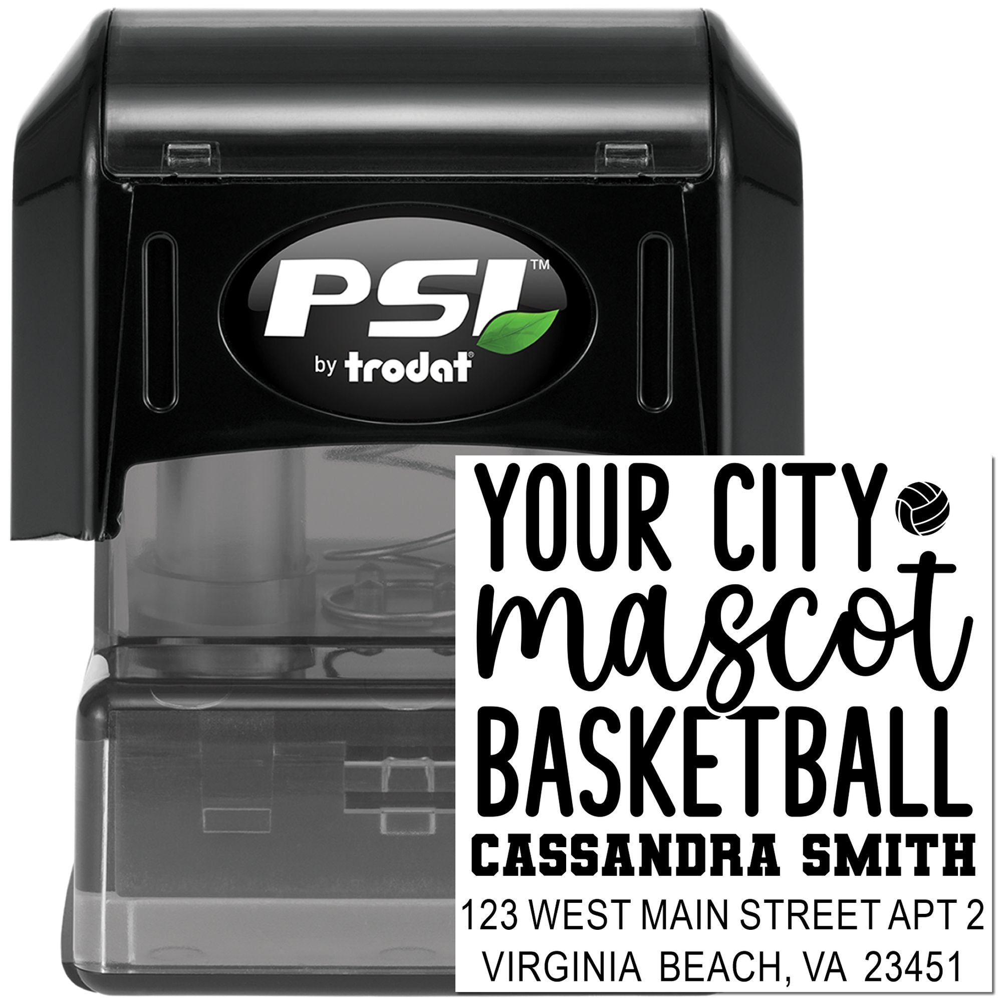 Custom self-inking rubber stamp for basketball return addresses, PSI by Trodat, personalized city mascot design.