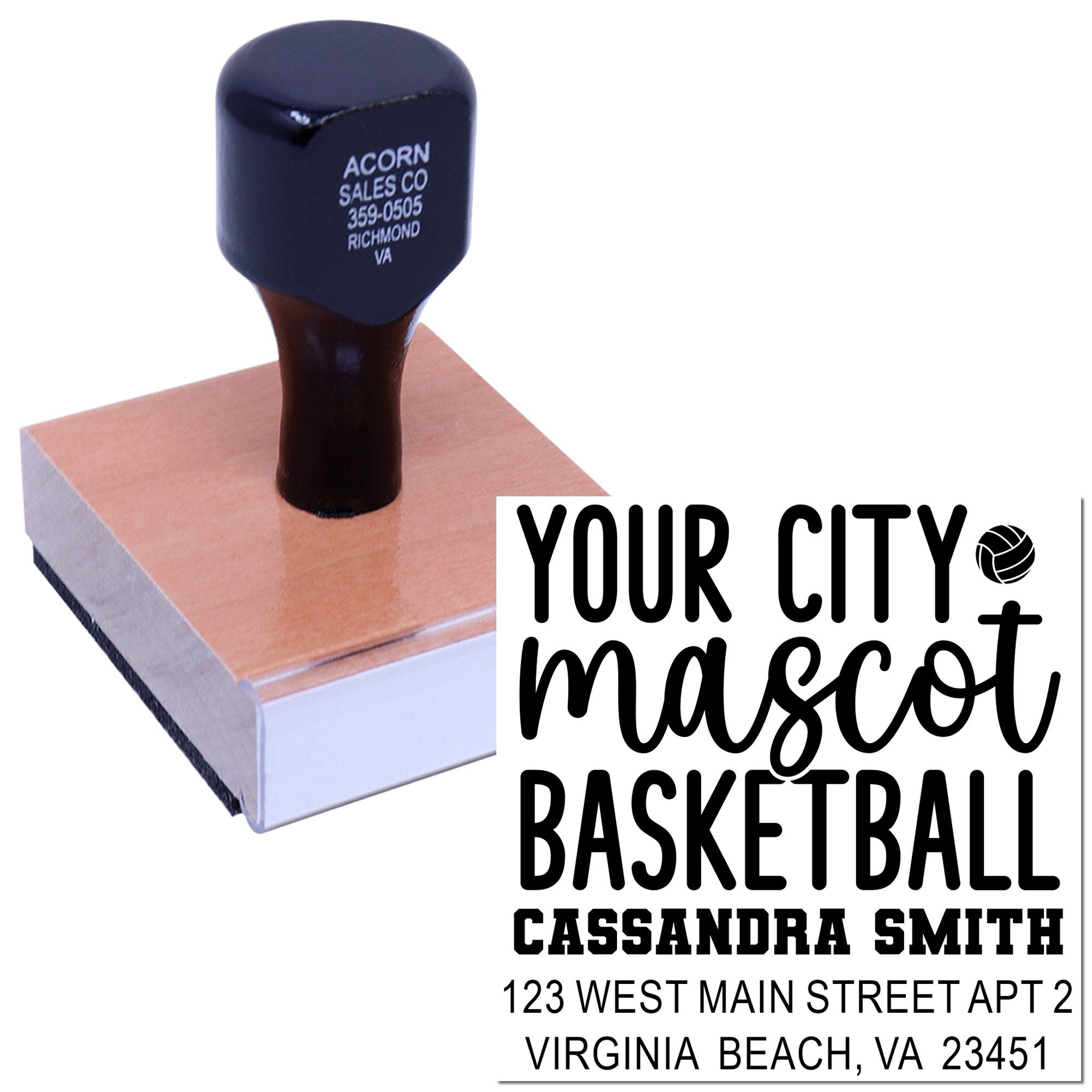 Custom basketball return address rubber stamp with personalized name, address, and city mascot design for school sports mailings.