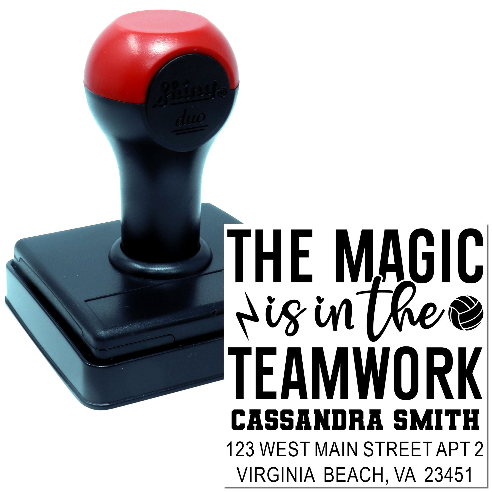 Custom self-inking rubber stamp with teamwork quote, name, and Virginia Beach return address for business mailings.