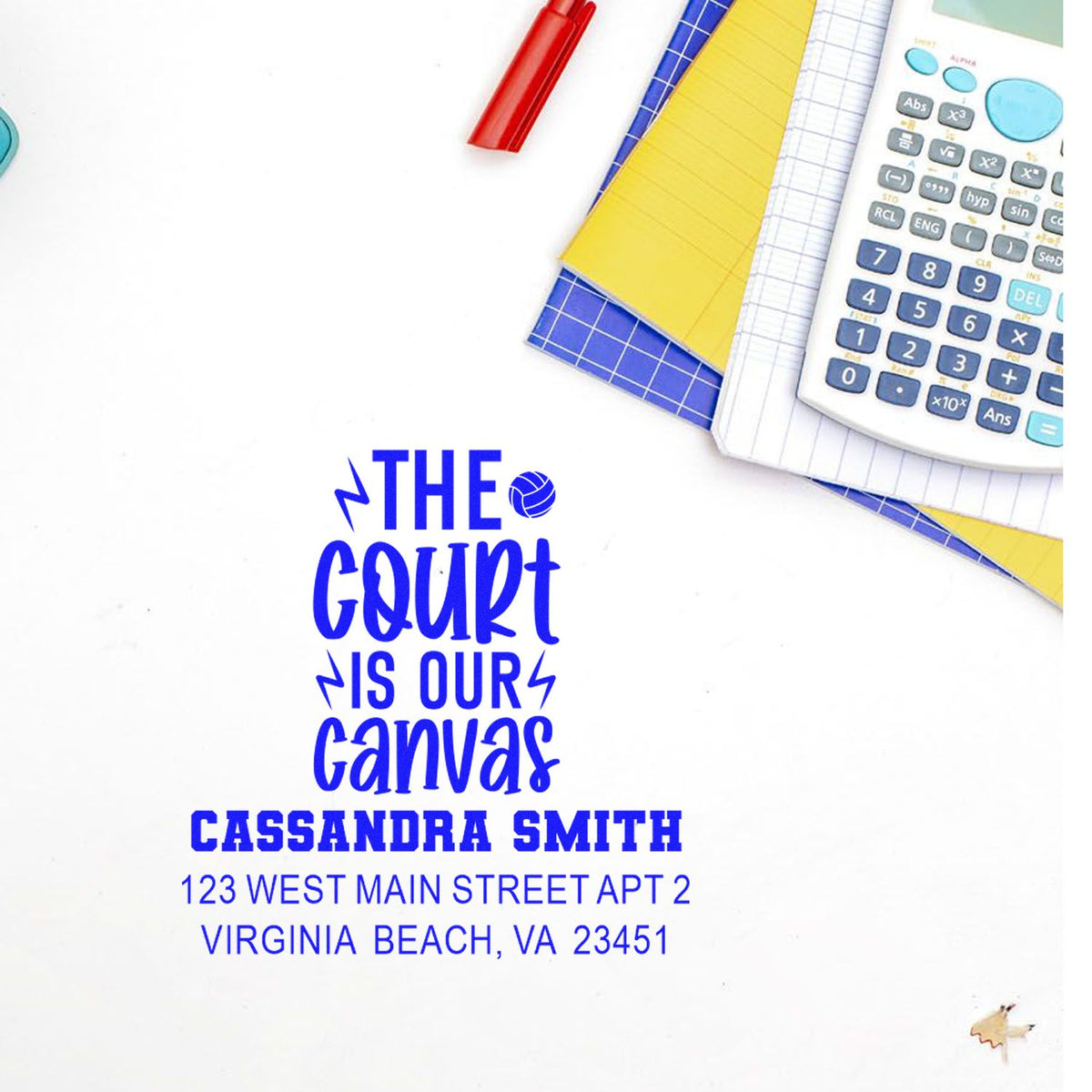 Custom return address rubber stamp for Cassandra Smith in Virginia Beach, VA with The Court Is Our Canvas design.