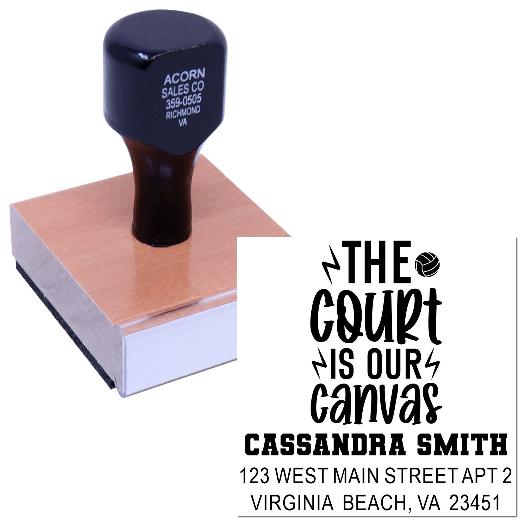 Self-inking custom rubber stamp showing a personalized return address and logo imprint for business branding and mailing.