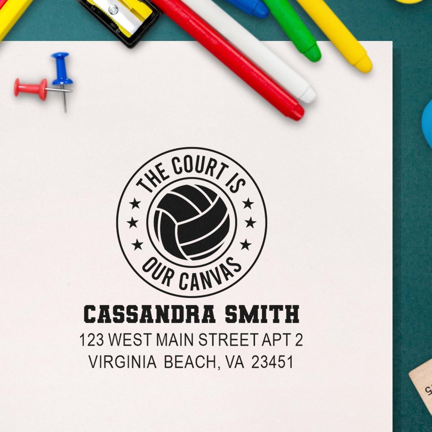 Personalized volleyball rubber stamp with logo, name, and return address for custom sports stationery.