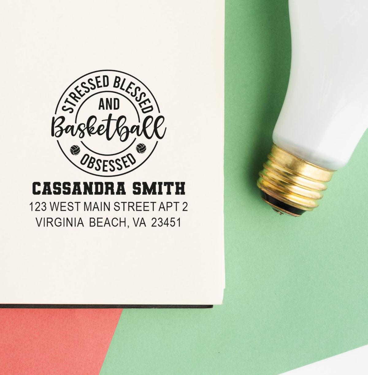 Custom basketball rubber stamp impression with personalized name and address, saying Stressed Blessed and Basketball Obsessed.