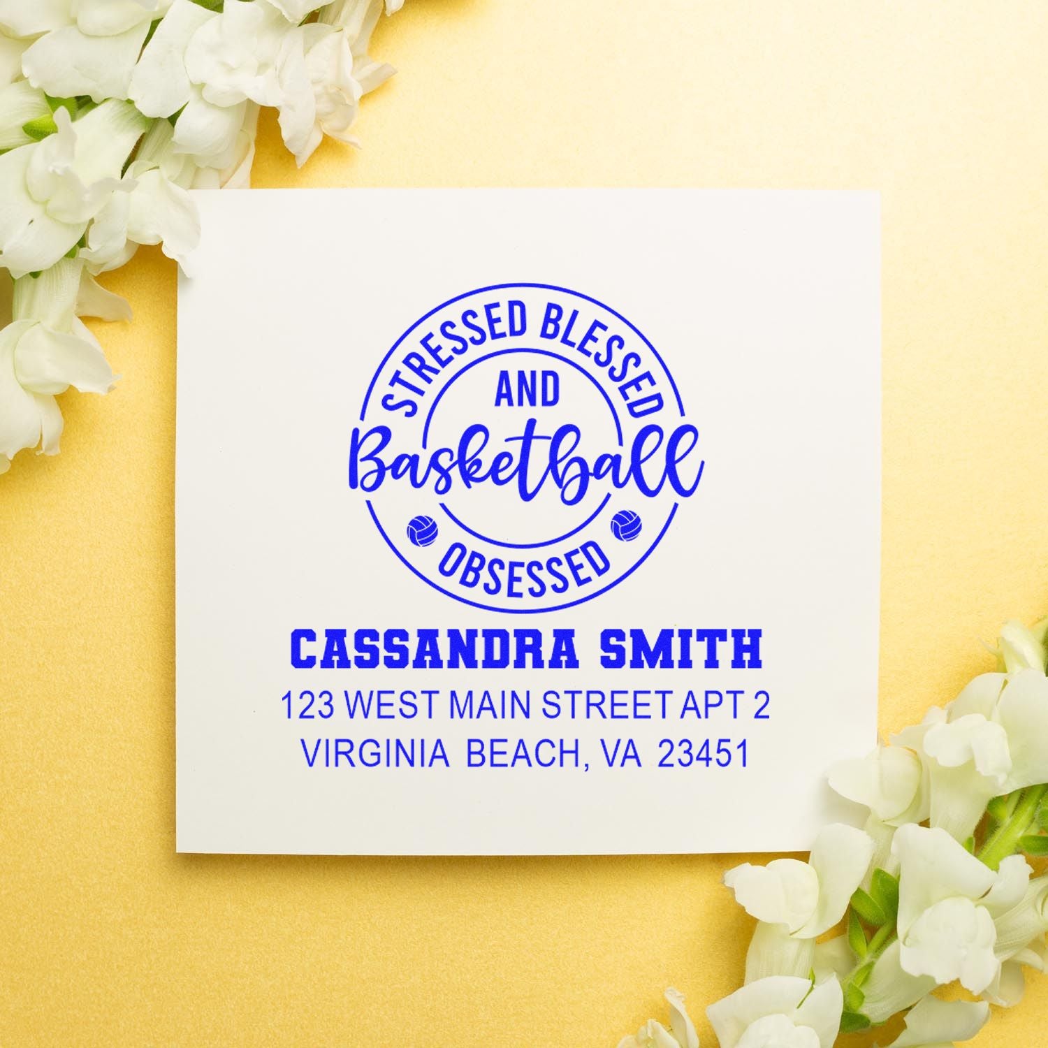 Custom basketball address rubber stamp with Blessed and Basketball Obsessed design, personalized name and Virginia Beach address