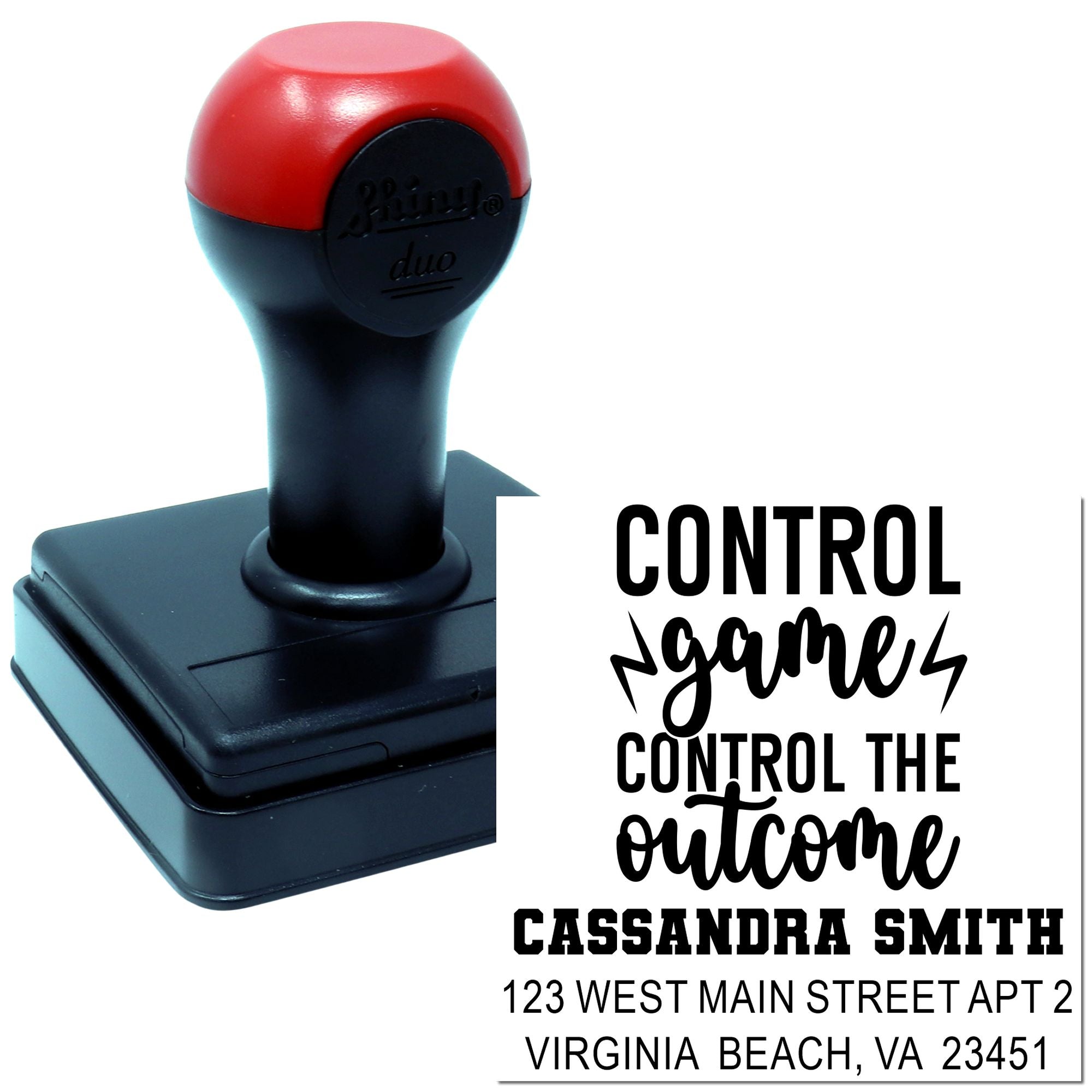 Custom self-inking rubber stamp with Control games control the outcome and return address imprint for Virginia Beach, VA.