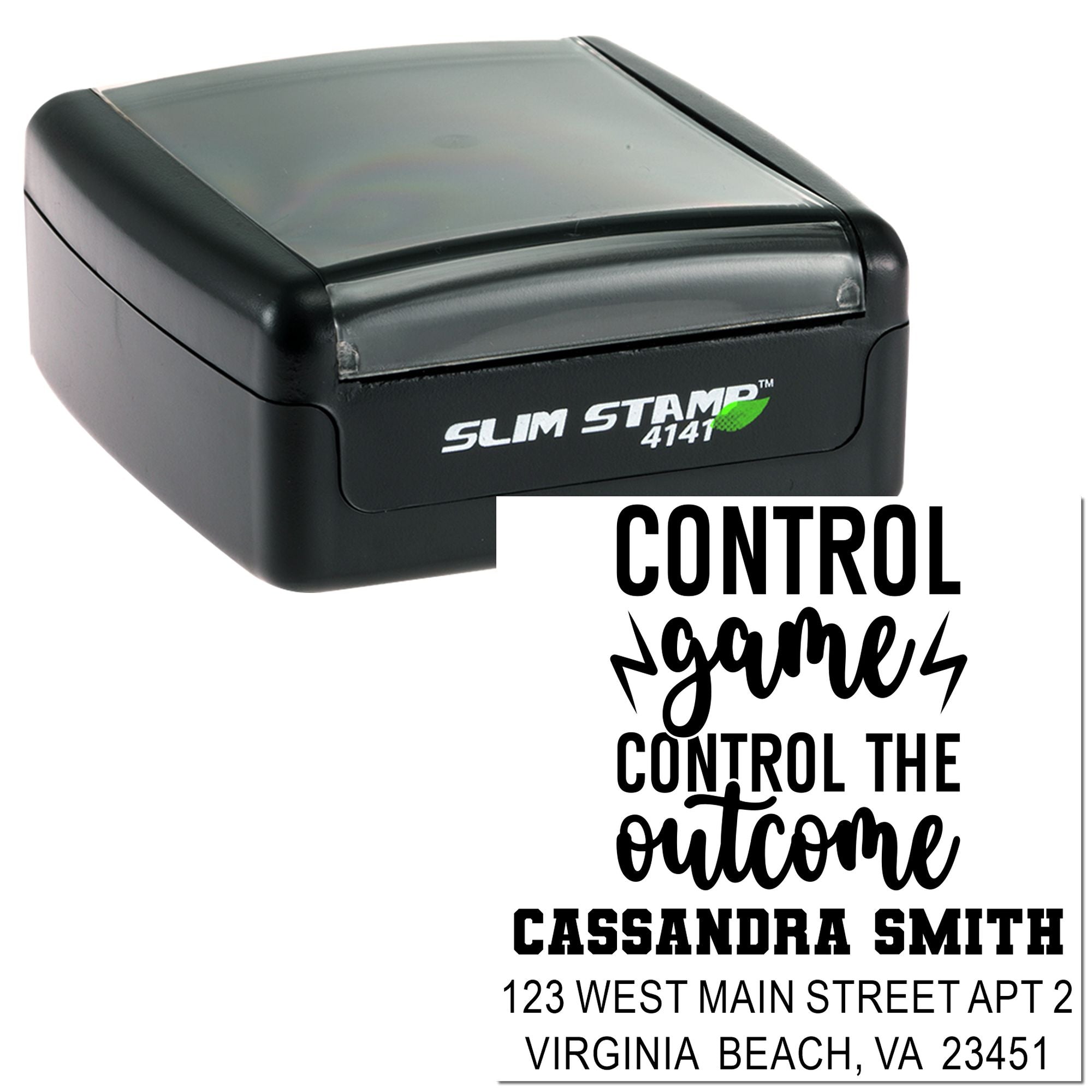 Custom self-inking rubber address stamp with Control the outcome design for Cassandra Smith in Virginia Beach, VA.