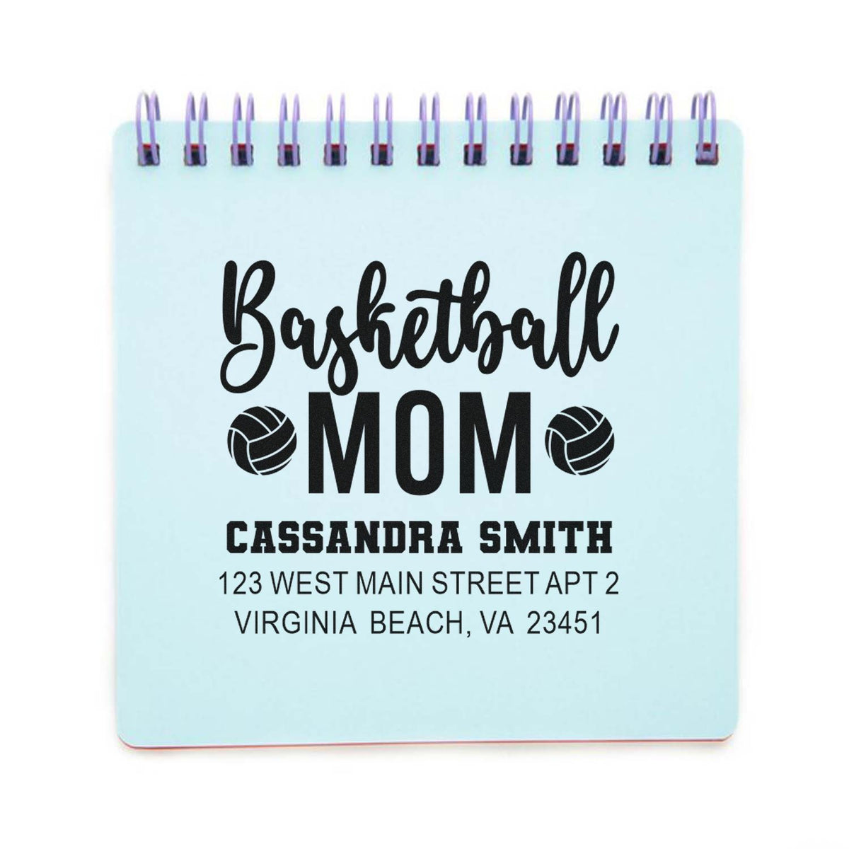 Custom basketball mom rubber stamp with name and address for personalized mailing, stationery, and gift tags.