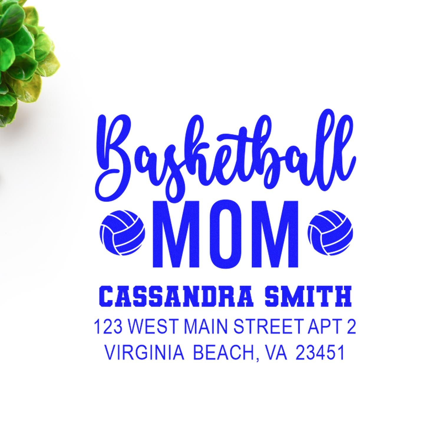 Basketball Mom custom rubber stamp with name and address, perfect for personalized mail, team gifts, and stationery.