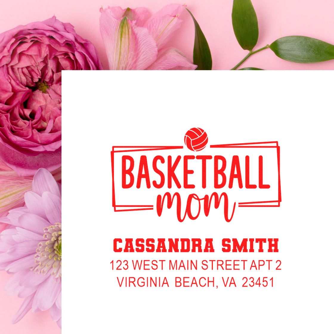 Custom basketball mom return address rubber stamp with name and Virginia Beach address in red on floral background.