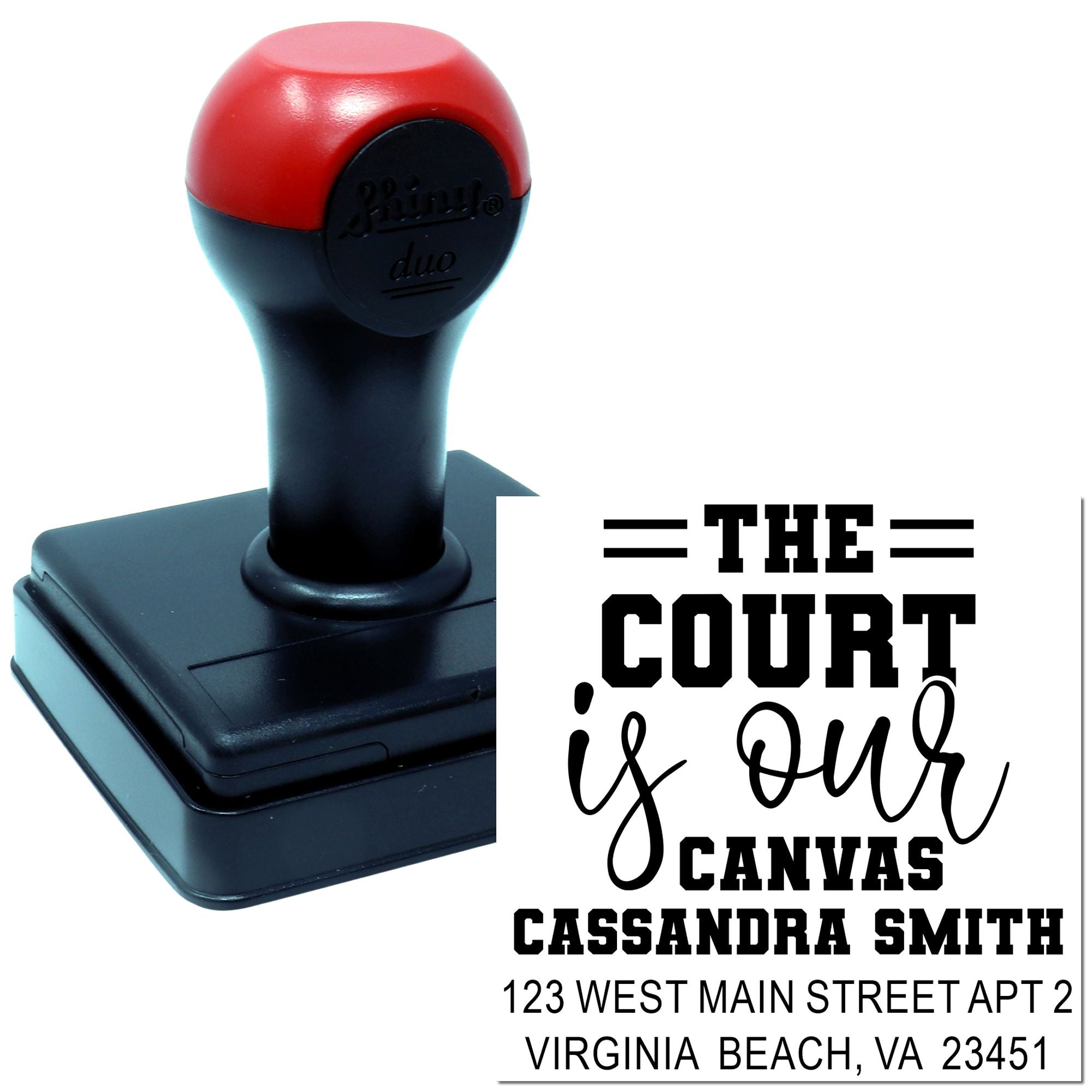 Custom self-inking rubber stamp with The Court Is Our Canvas address design for personalized mail, packaging, and stationery.