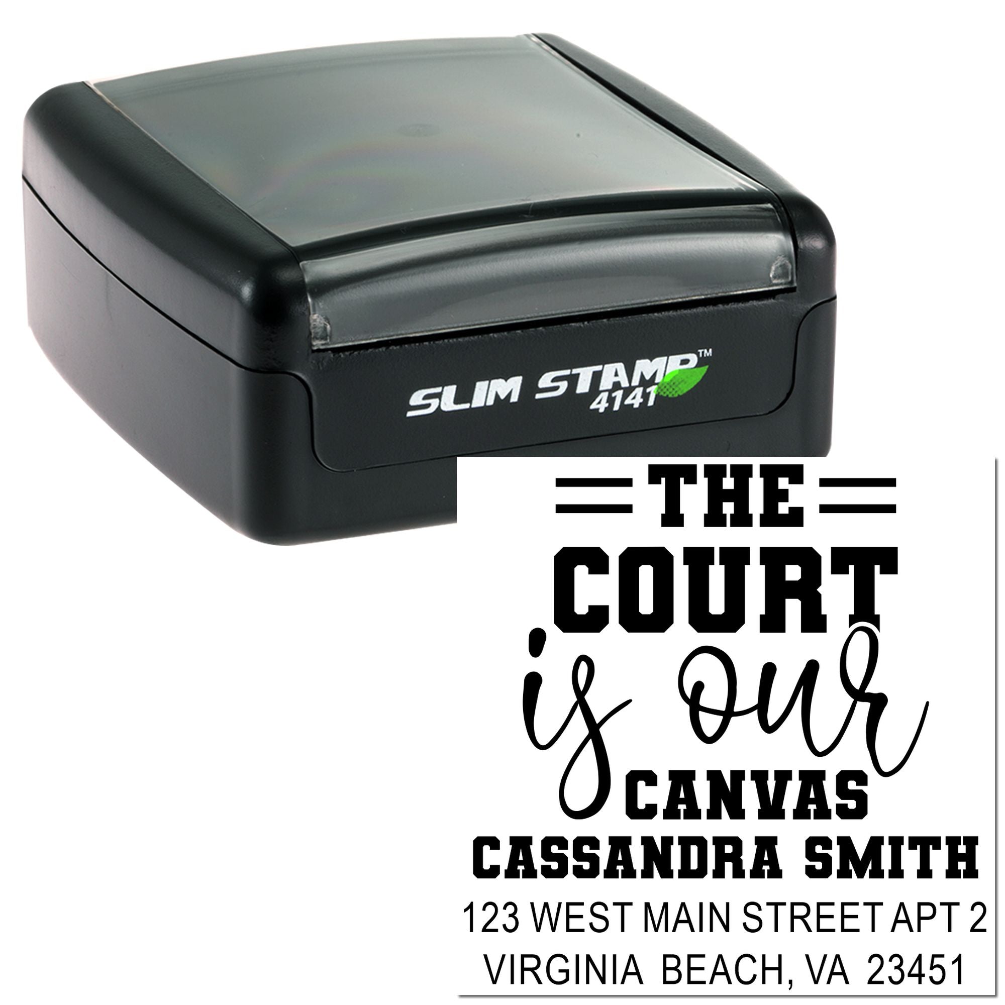 Slim Stamp 4141 self-inking rubber stamp with custom address, name, and slogan design sample.
