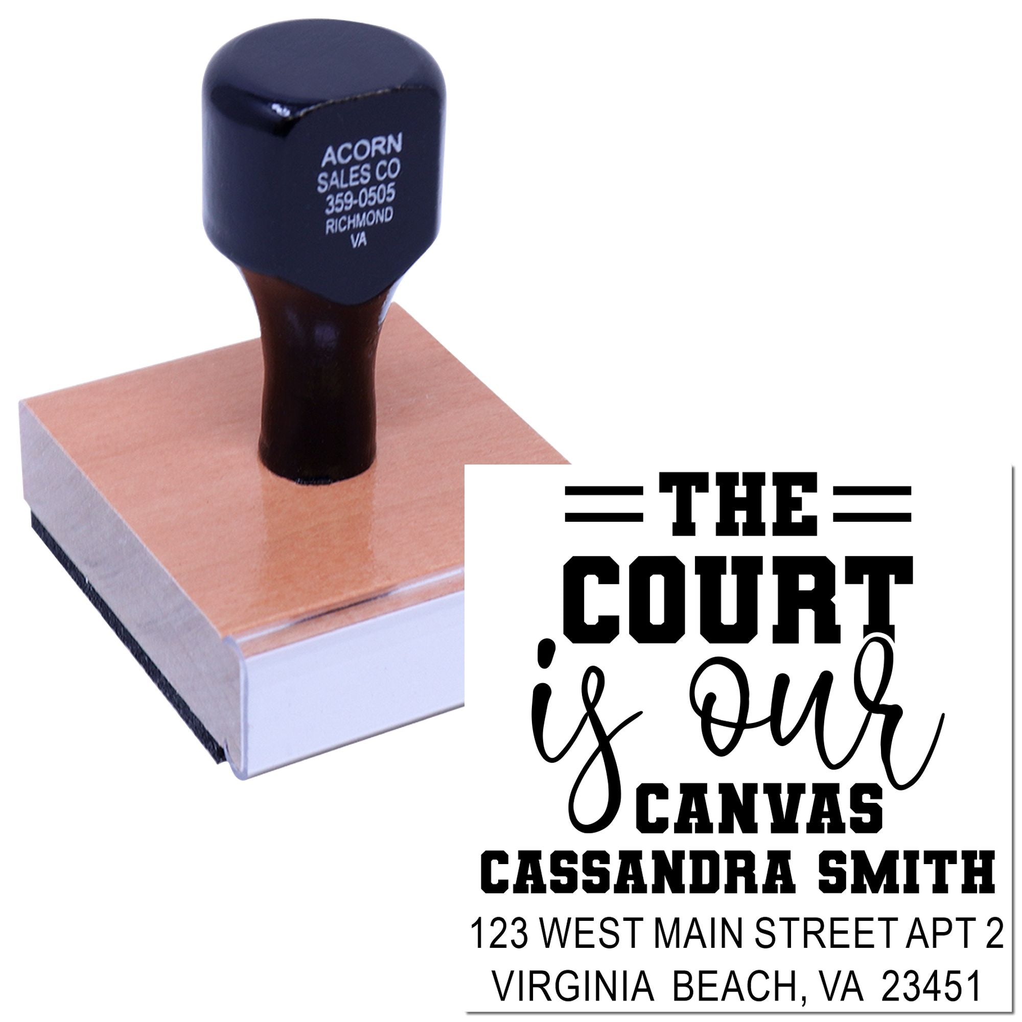 Custom rubber stamp for court documents featuring The Court Is Our Canvas and personalized name and address.