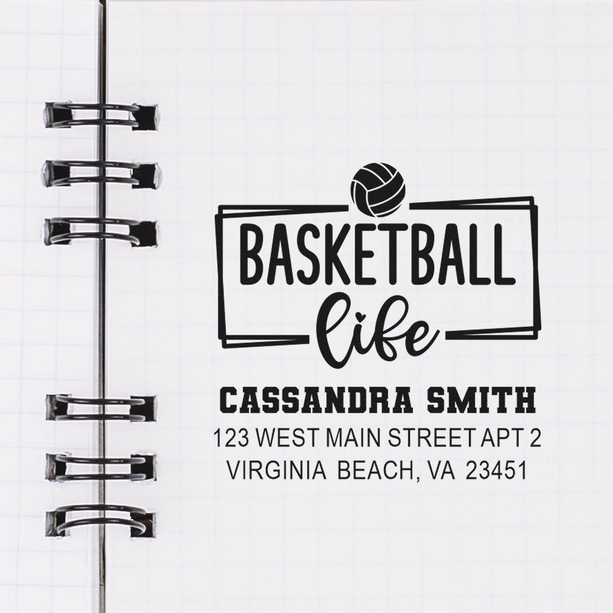 Custom basketball life address rubber stamp for notebooks, featuring personalized name and Virginia Beach address.