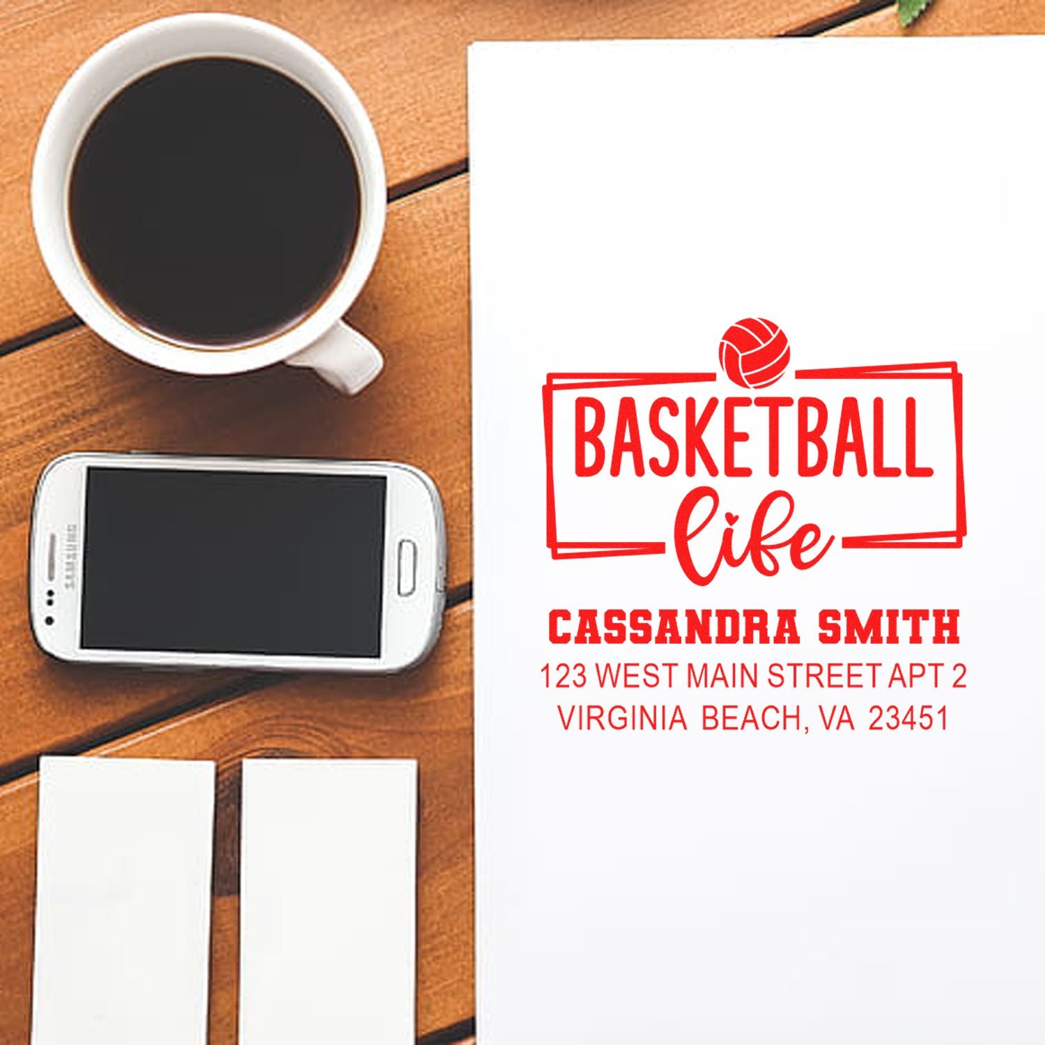 Personalized basketball life rubber stamp design with name and address for sports-themed mail