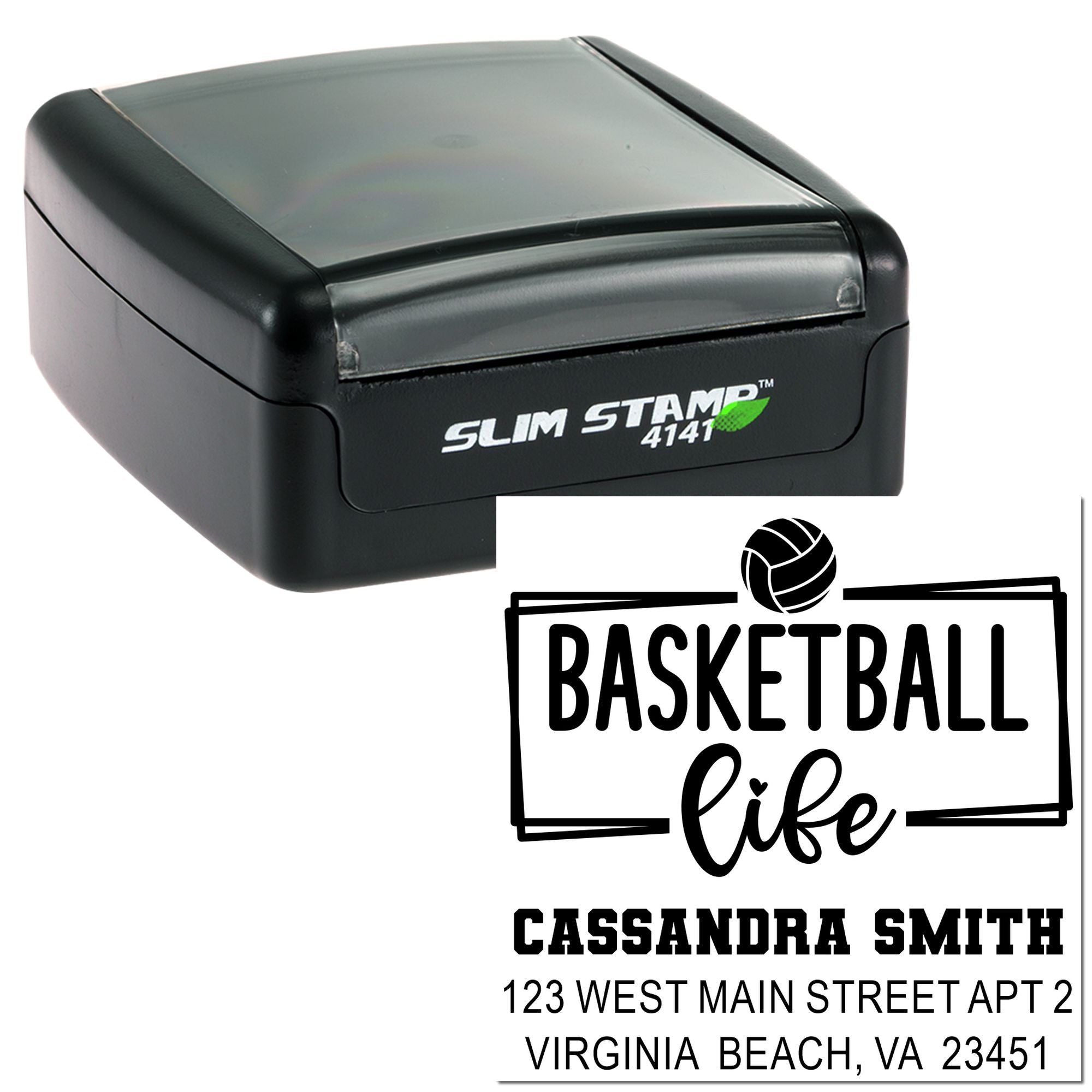 Custom basketball self-inking rubber stamp with Basketball Life address design and Slim Stamp 4141 case for personal mail or sports gifts