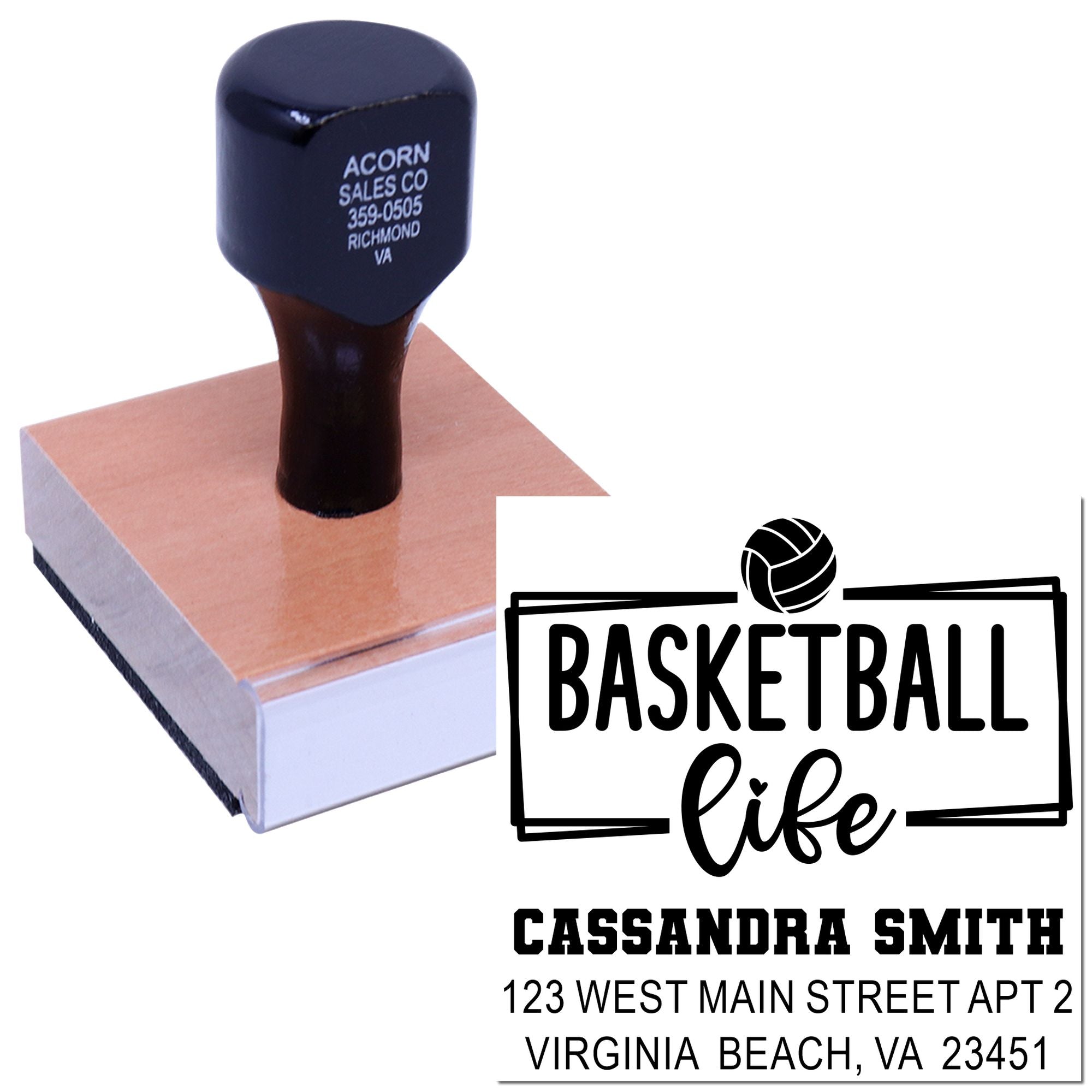 Personalized basketball return address rubber stamp for custom mailings, featuring name, address, and sports-themed design.