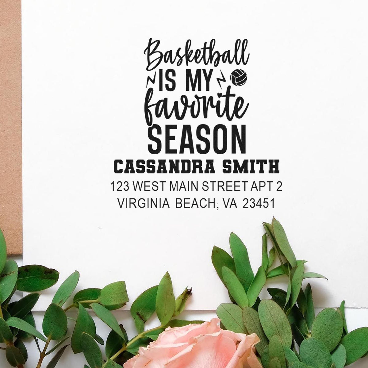 Custom basketball address rubber stamp with name and mailing address, featuring Basketball is my favorite season for sports-themed mail.