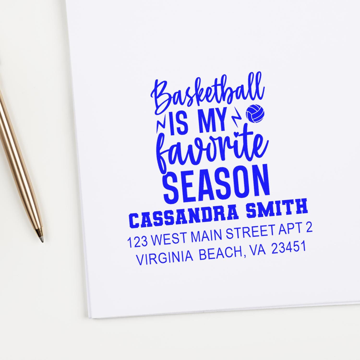 Personalized basketball rubber stamp with return address and Basketball Is My Favorite Season design in blue.