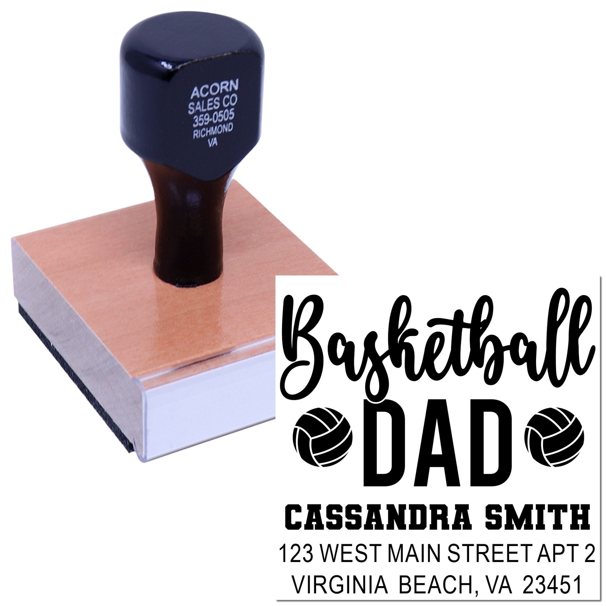 Personalized basketball dad return address rubber stamp with name and address for envelopes, cards, and gifts.
