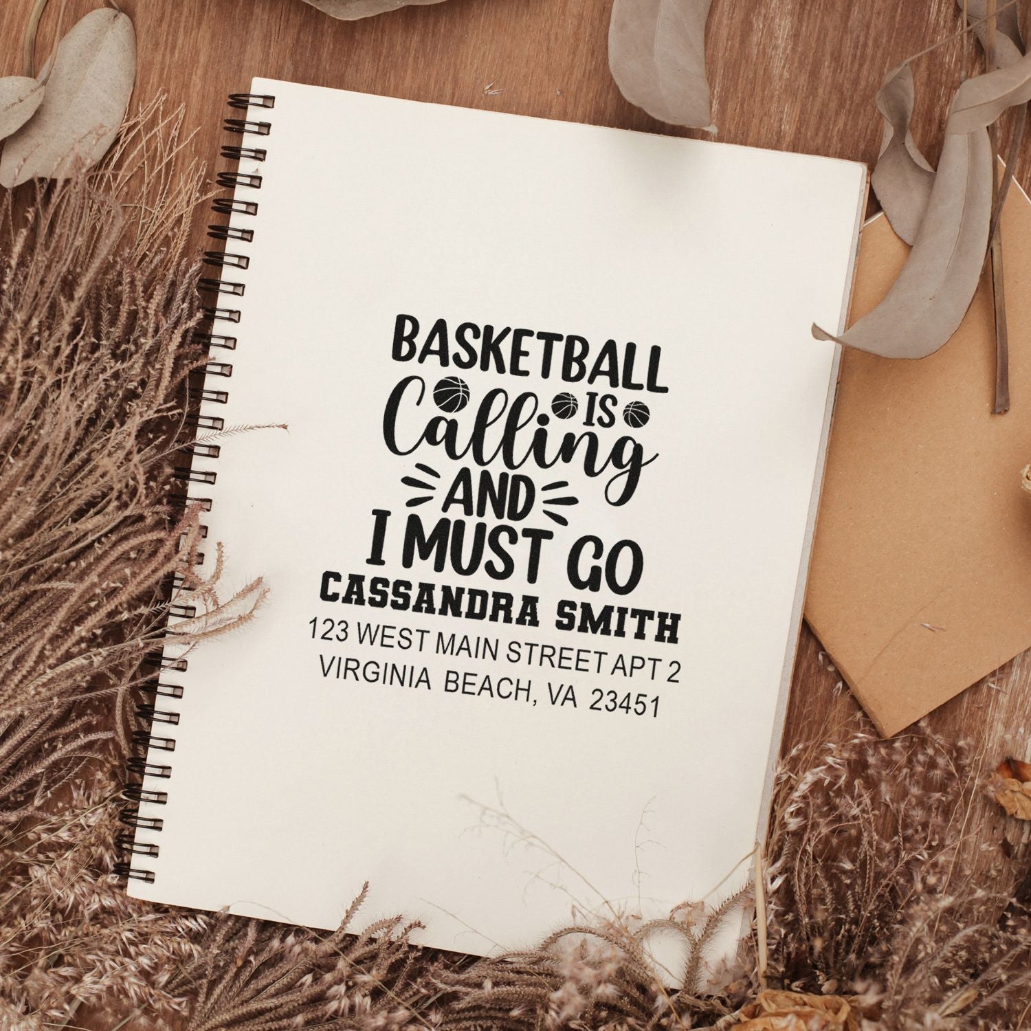 Personalized basketball return address rubber stamp with playful Basketball is calling design for sports mailings.