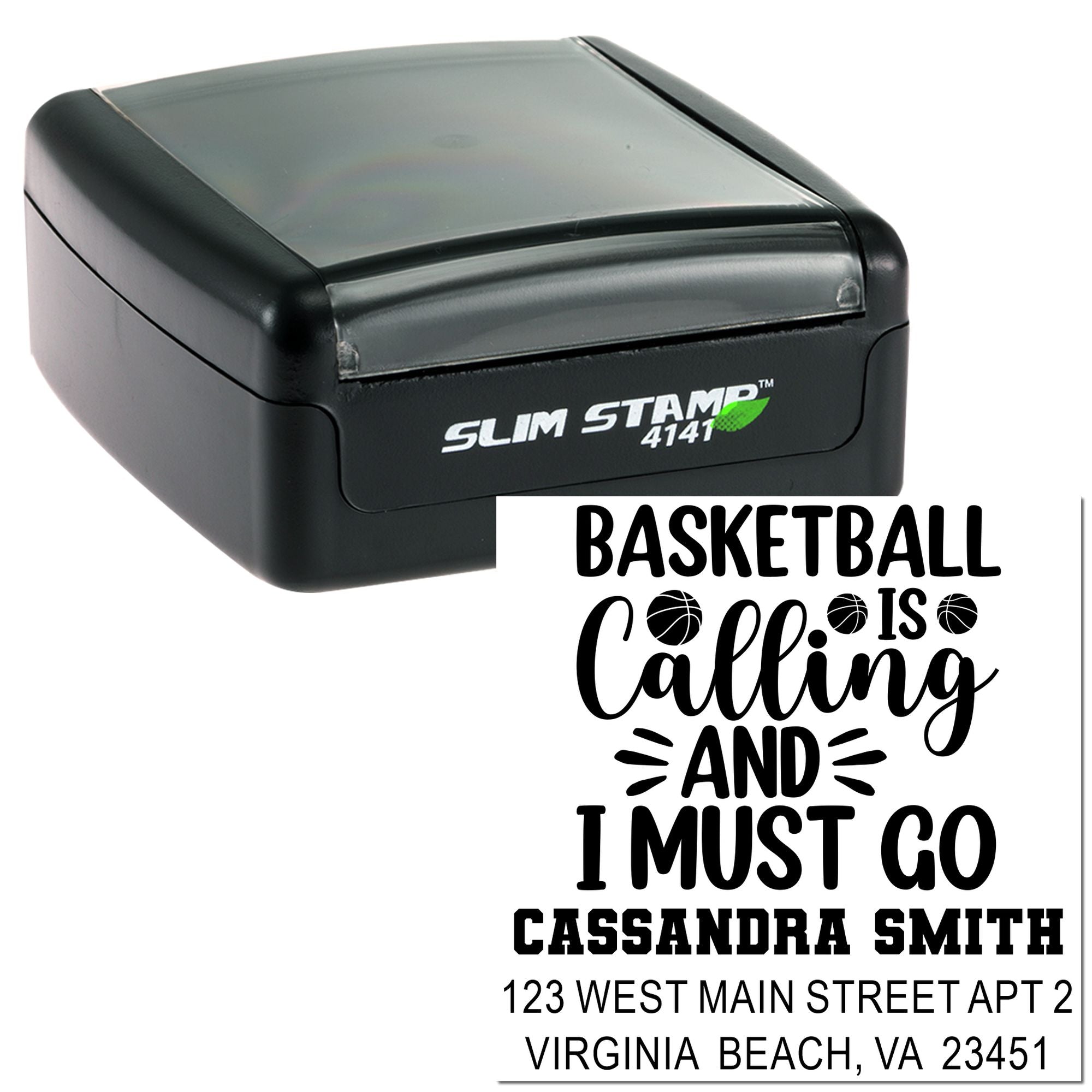 Custom self-inking rubber stamp with basketball quote, name, and return address for sports-themed mailing.