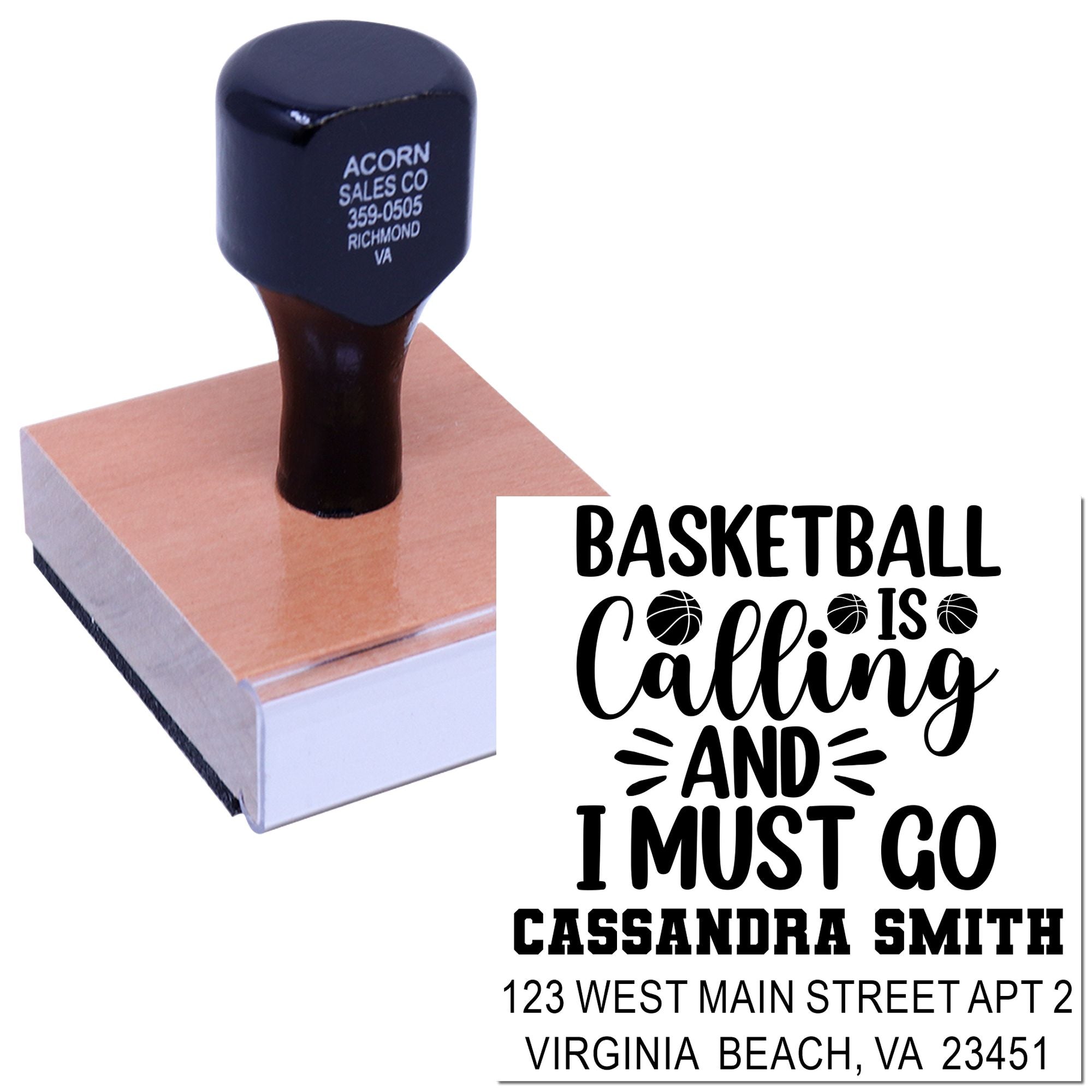 Custom basketball rubber stamp with motivational quote, name, and return address for personalized stationery.