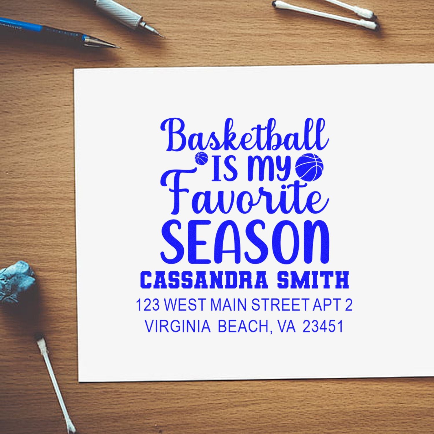 Personalized basketball rubber stamp design with name and address, featuring Basketball is my favorite season.