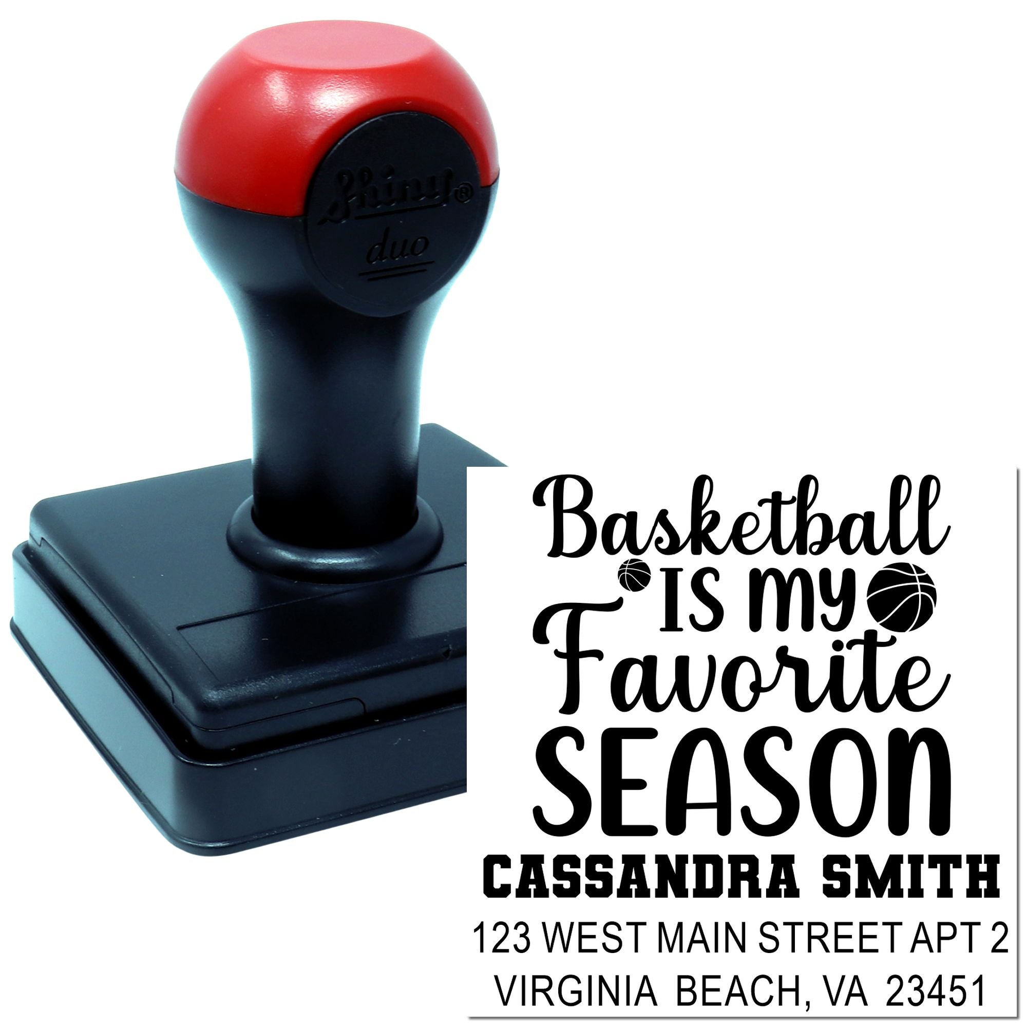 Custom basketball rubber stamp for personalized sports fan stationery, featuring Basketball Is My Favorite Season and address.