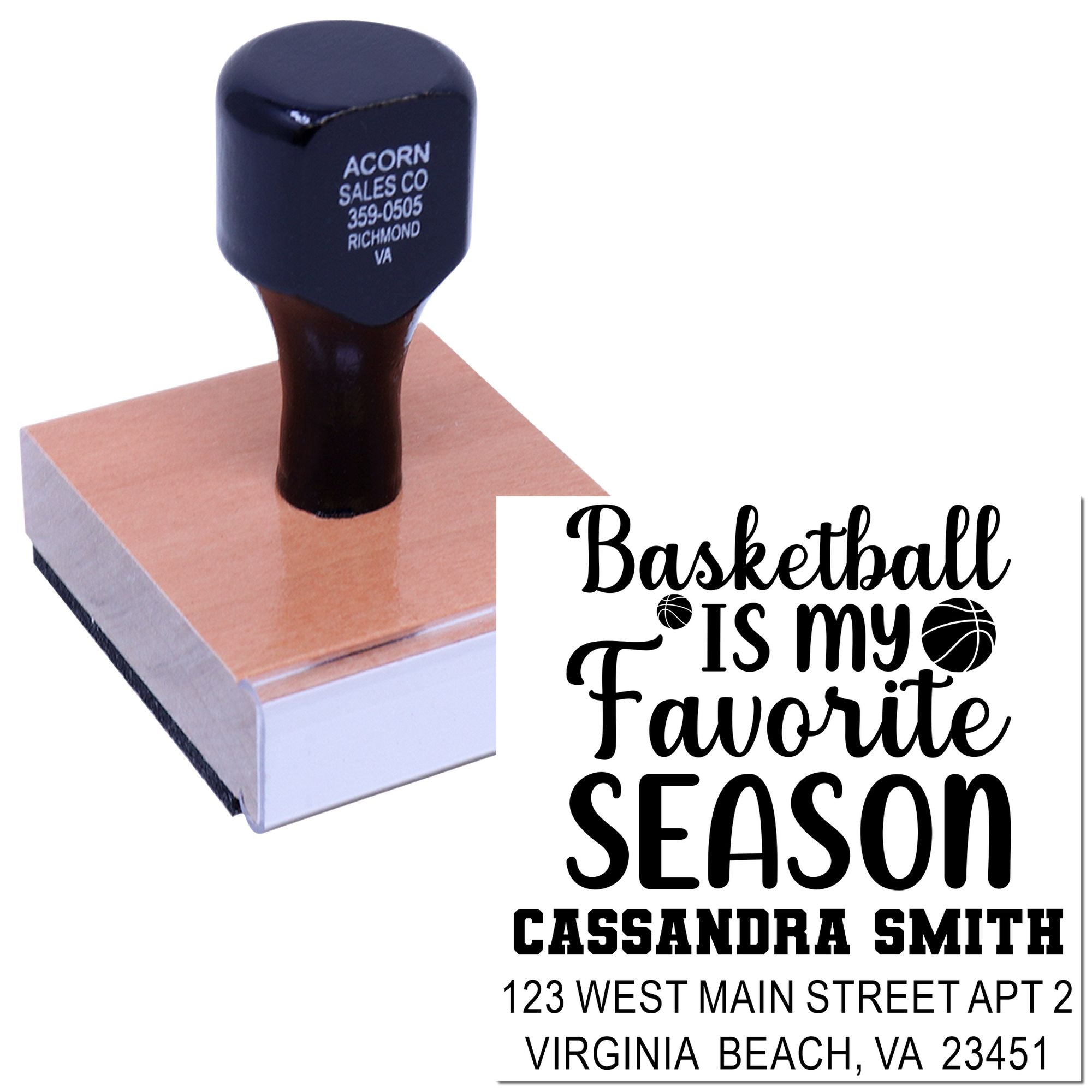 Custom self-inking basketball rubber stamp with personalized name, address, and Basketball is my favorite season design.