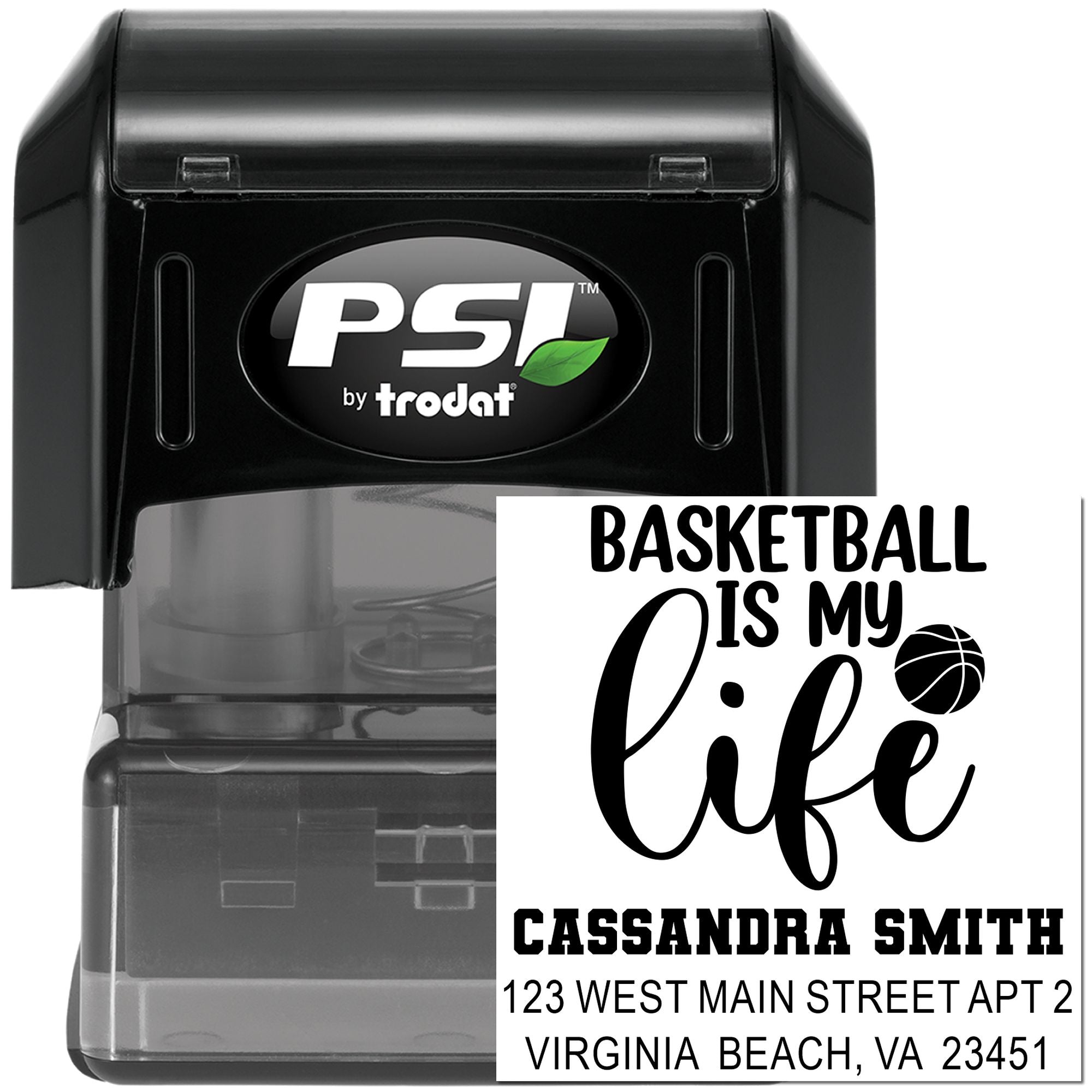PSI by Trodat custom basketball address rubber stamp with Basketball Is My Life design and personalized return address.