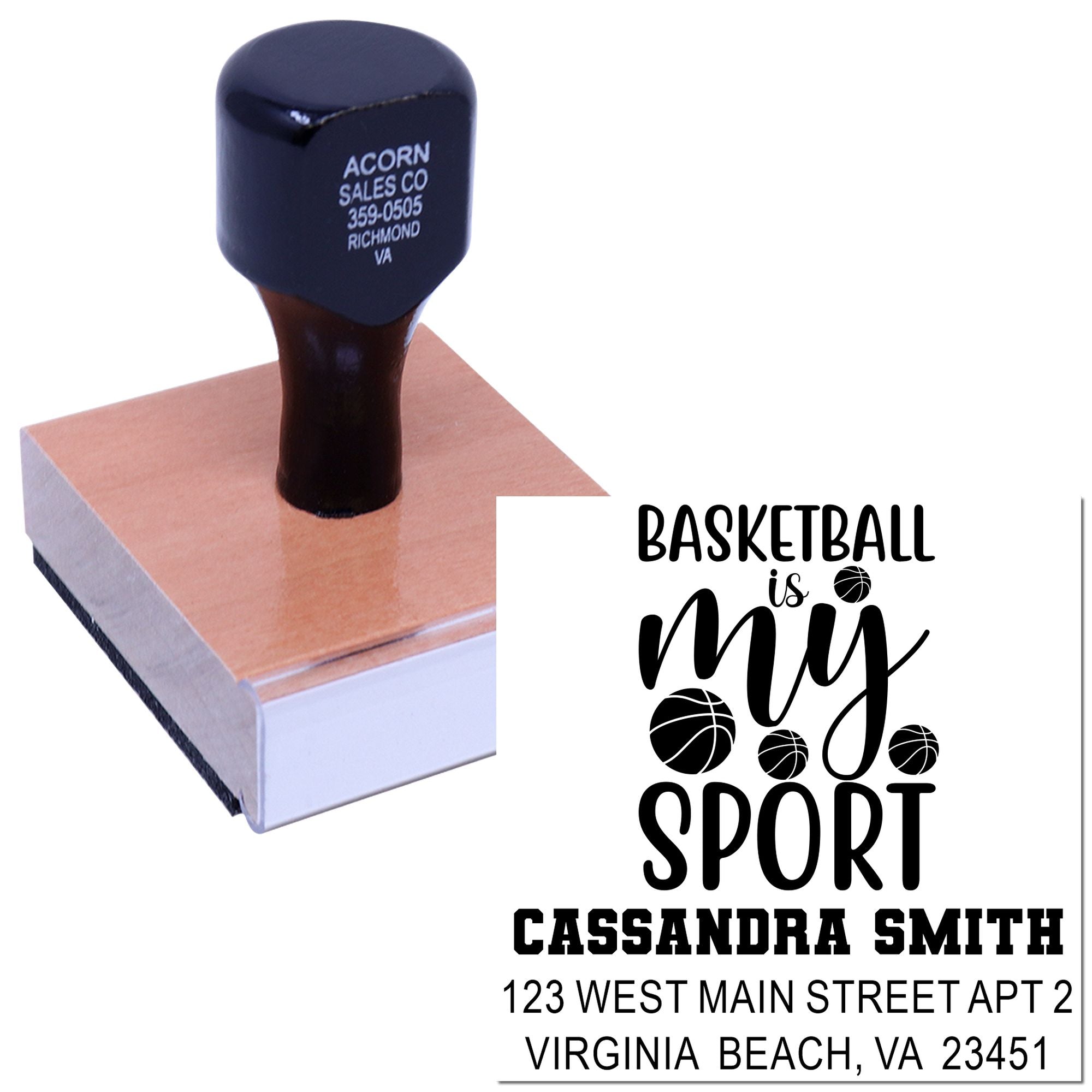 Custom basketball rubber stamp with personalized address and Basketball is my sport design for sports fans.