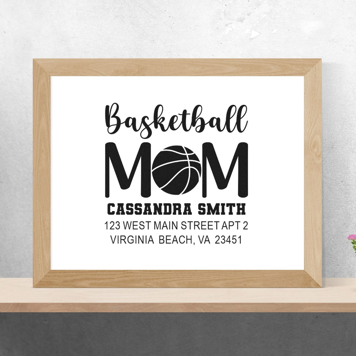 Personalized basketball mom return address rubber stamp with name and address, ideal for custom sports mailings.