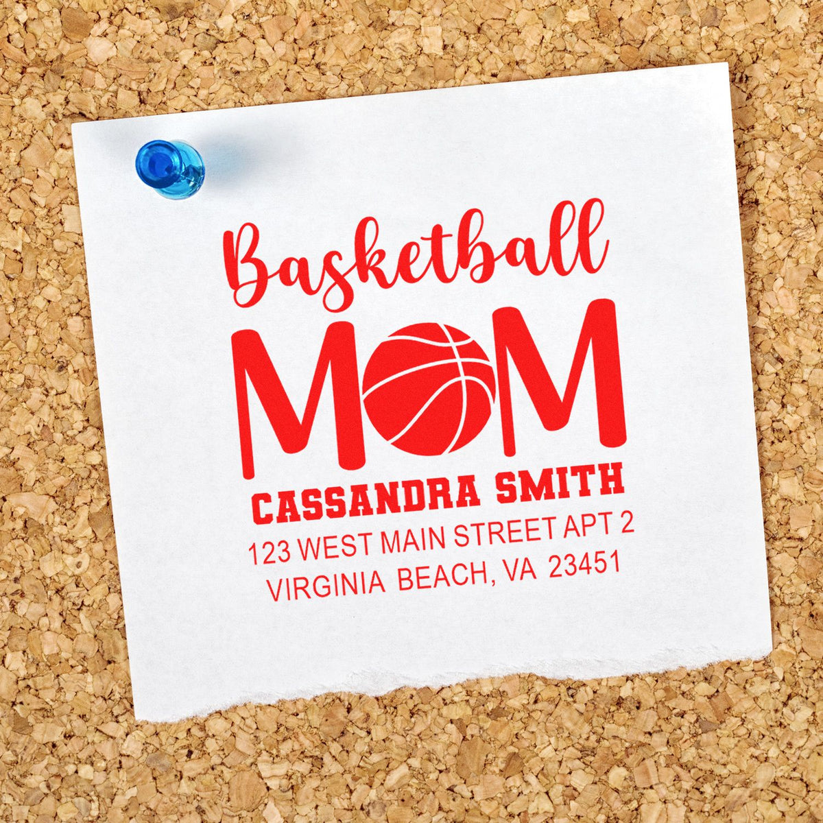 Basketball Mom custom return address rubber stamp with name and address for personalized sports family mailings.