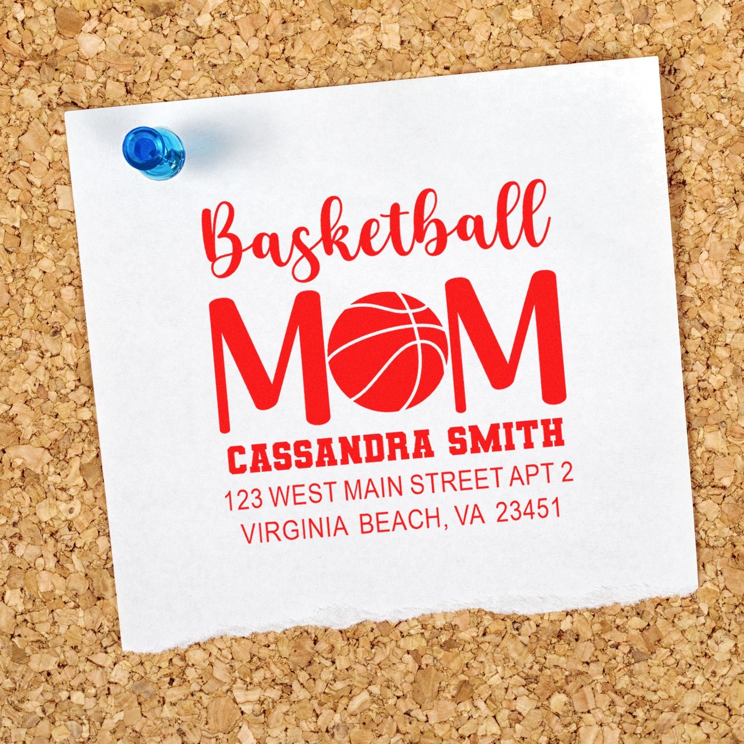 Custom basketball mom address rubber stamp sample on paper, personalized with name and return address.