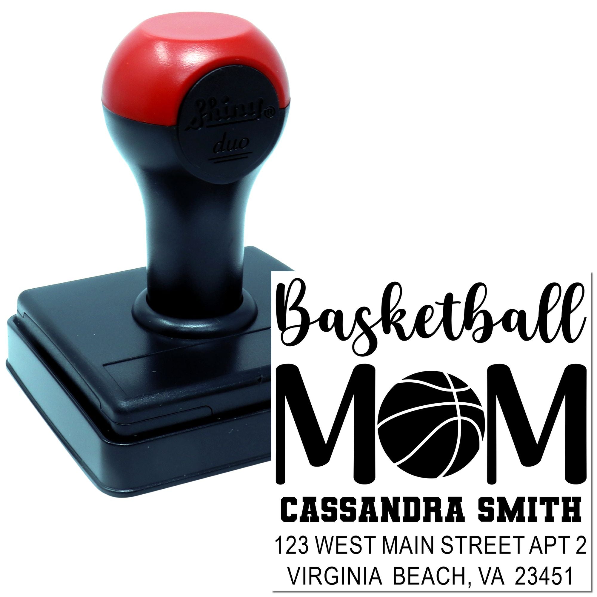 Personalized basketball mom rubber stamp with custom name and address for mailing, sports gifts, and stationery.