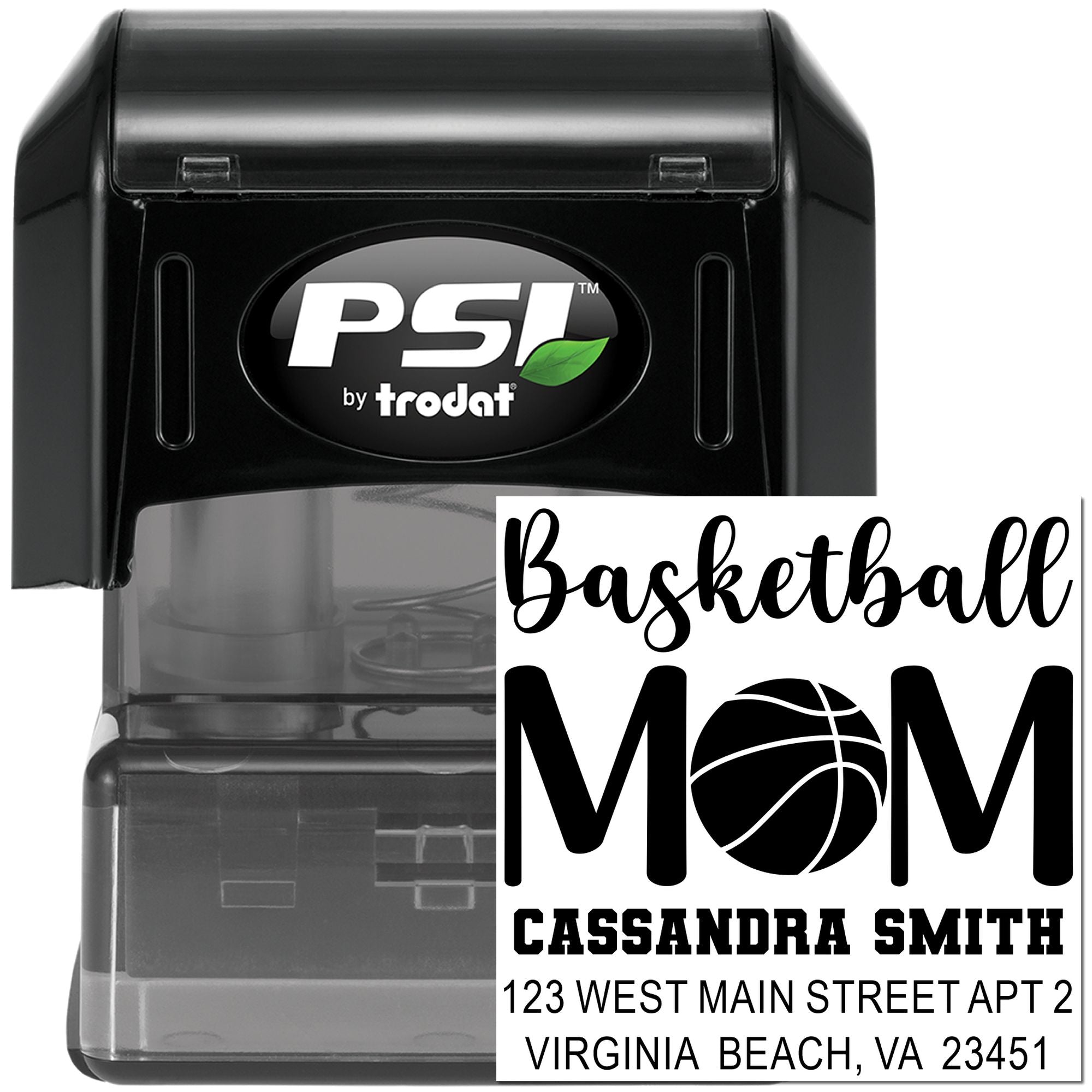 Personalized basketball mom self-inking address rubber stamp by PSI Trodat with name and Virginia Beach address.