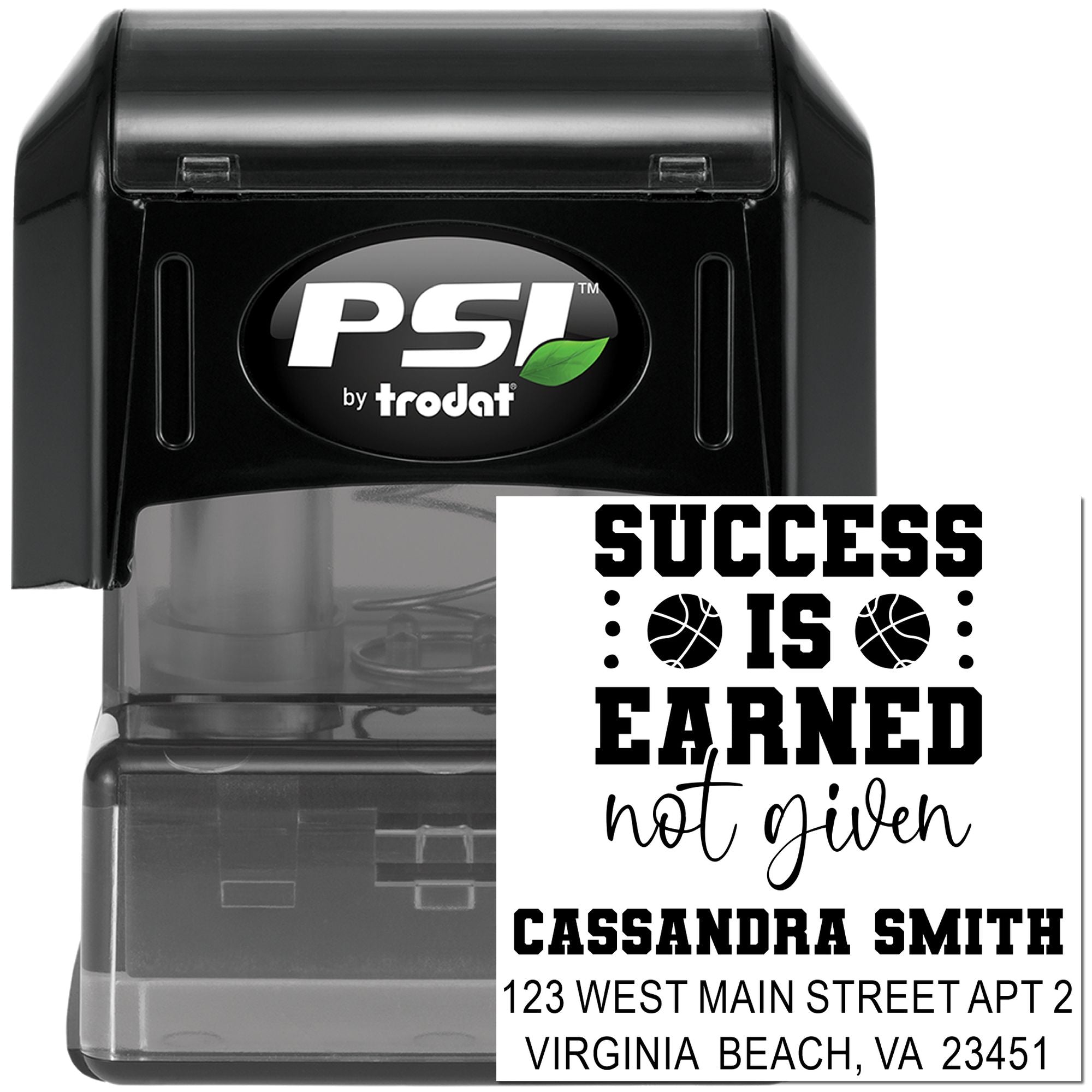 Custom self-inking address rubber stamp by PSI Trodat with motivational message for personalized business, office, or teacher use.